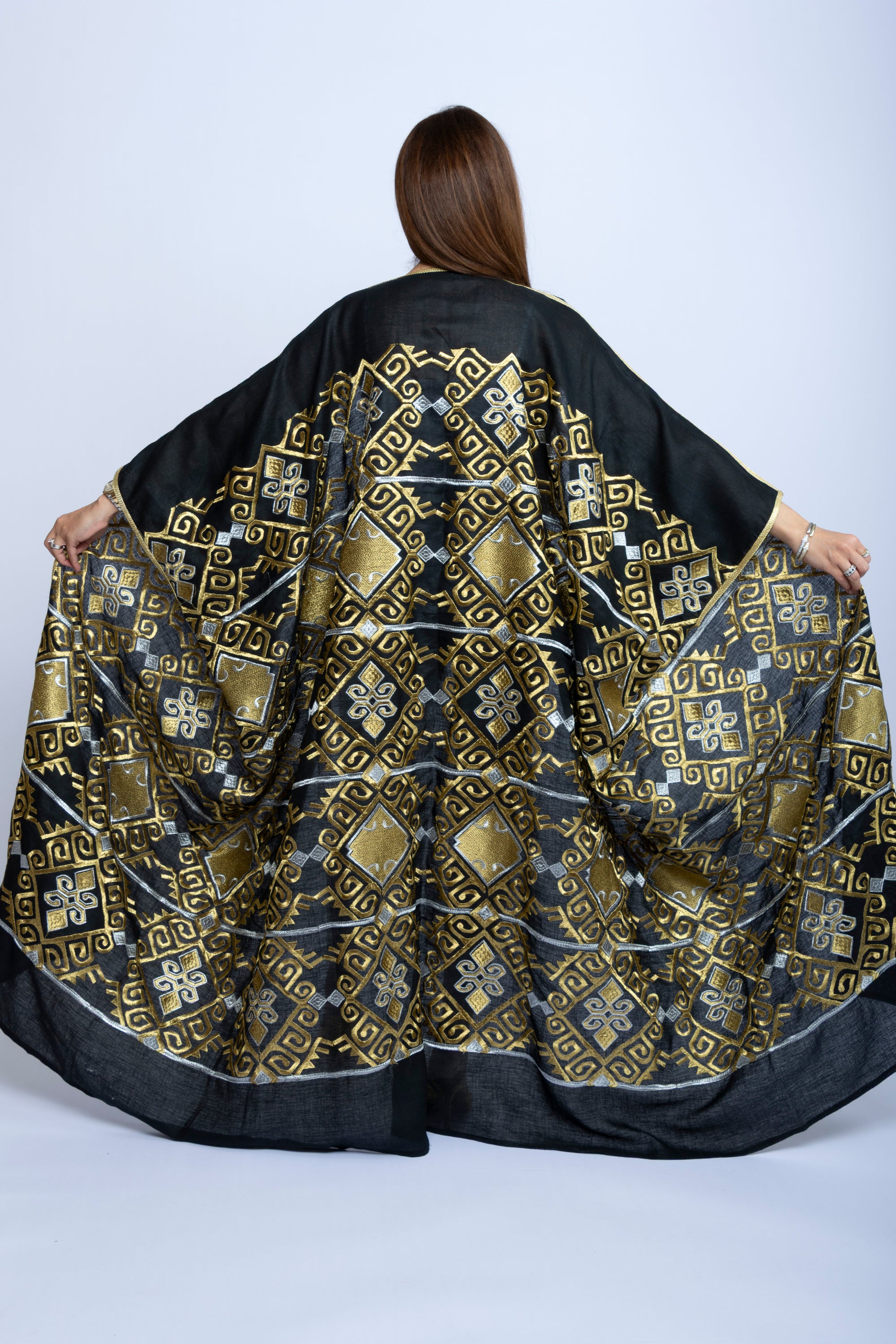 Black Cotton Bishit with Golden & Silver Geometric Embroidery