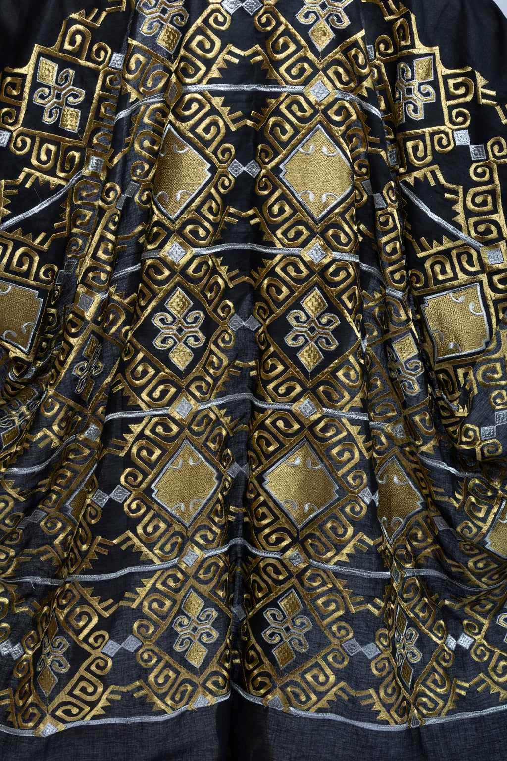 Black Cotton Bishit with Golden & Silver Geometric Embroidery