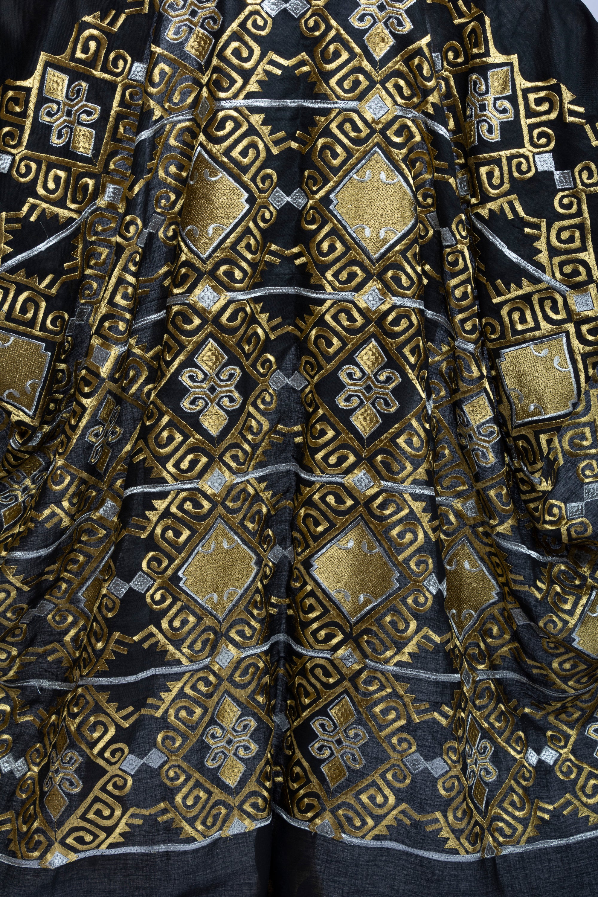Black Cotton Bishit with Golden & Silver Geometric Embroidery