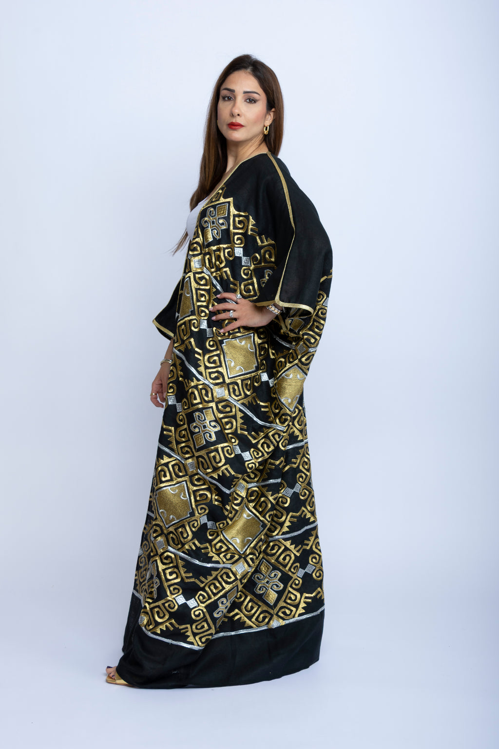 Black Cotton Bishit with Golden & Silver Geometric Embroidery
