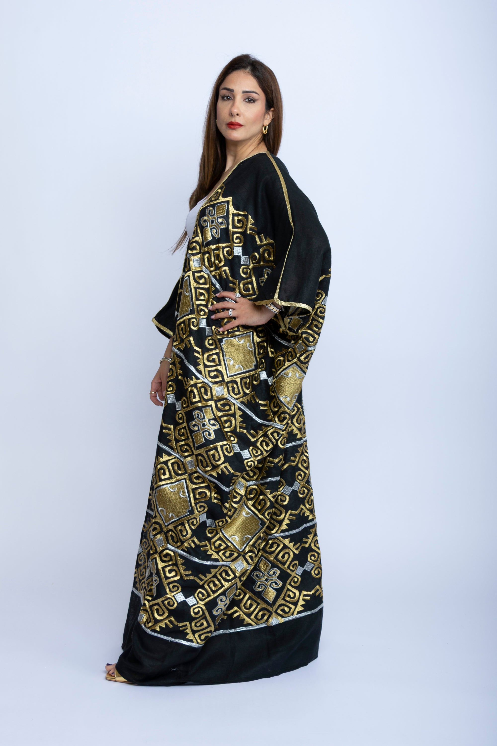 Black Cotton Bishit with Golden & Silver Geometric Embroidery