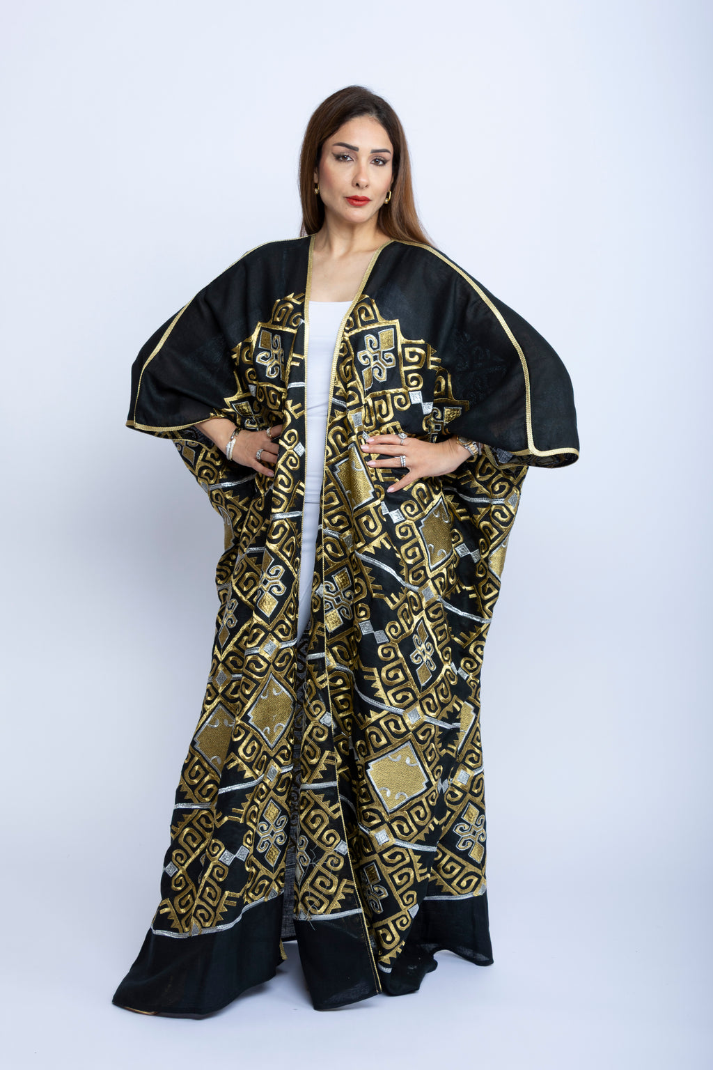 Black Cotton Bishit with Golden & Silver Geometric Embroidery