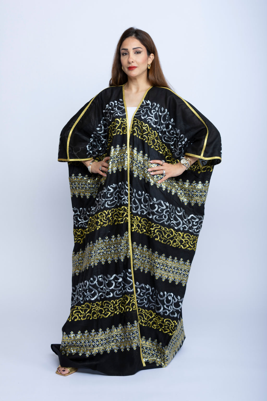 Black Cotton Bishit with Golden & Silver Arabic Embroidery