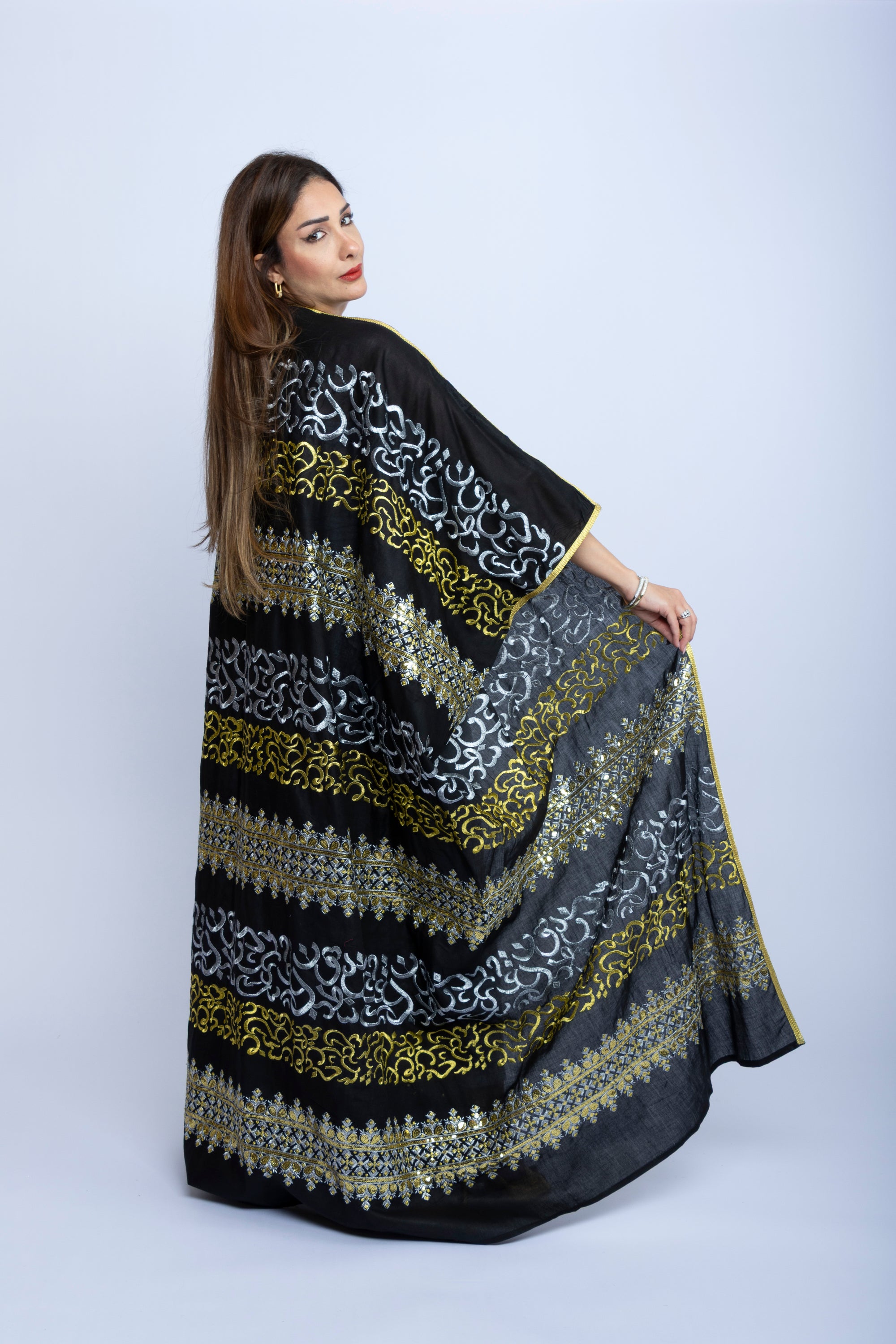 Black Cotton Bishit with Golden & Silver Arabic Embroidery