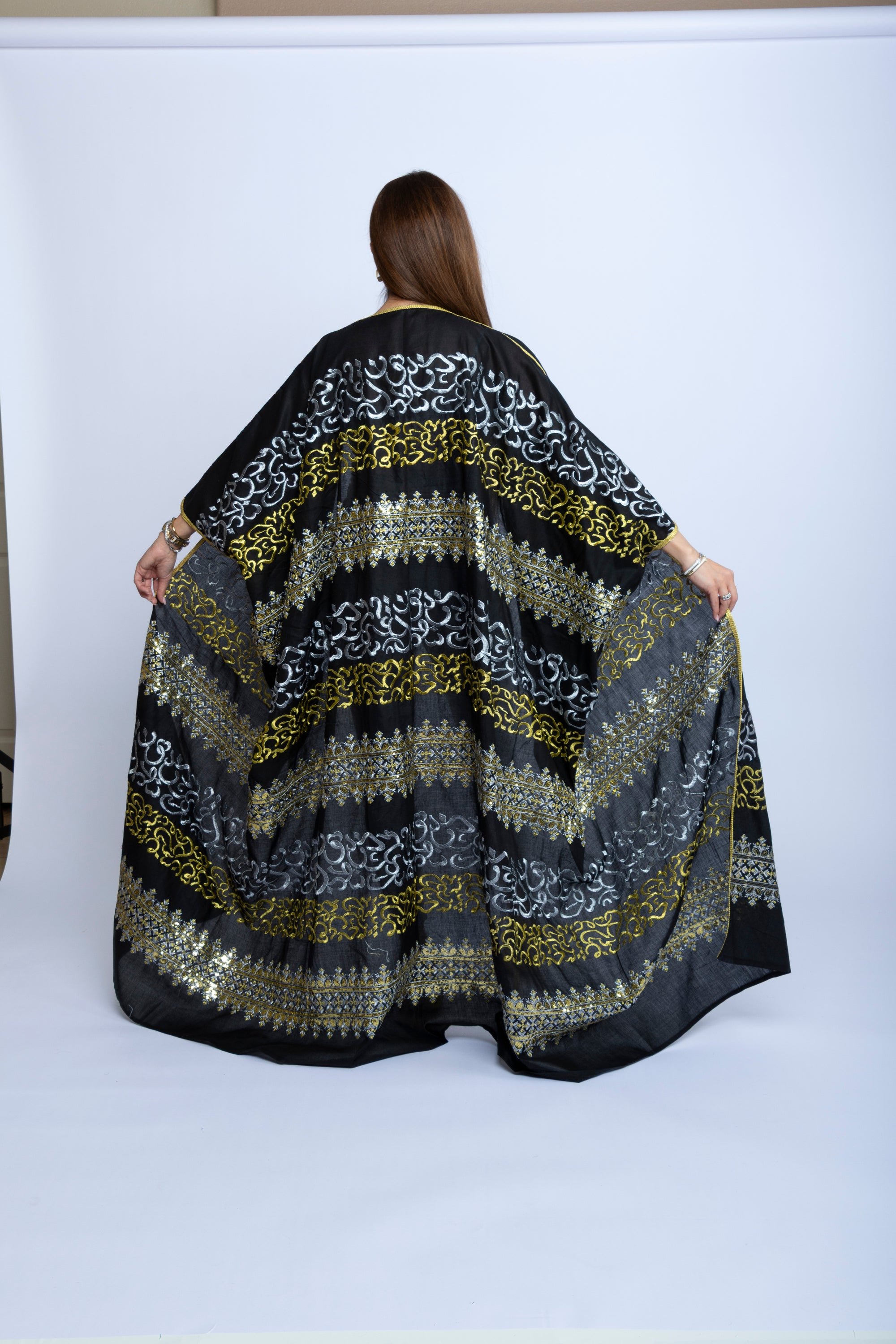 Black Cotton Bishit with Golden & Silver Arabic Embroidery