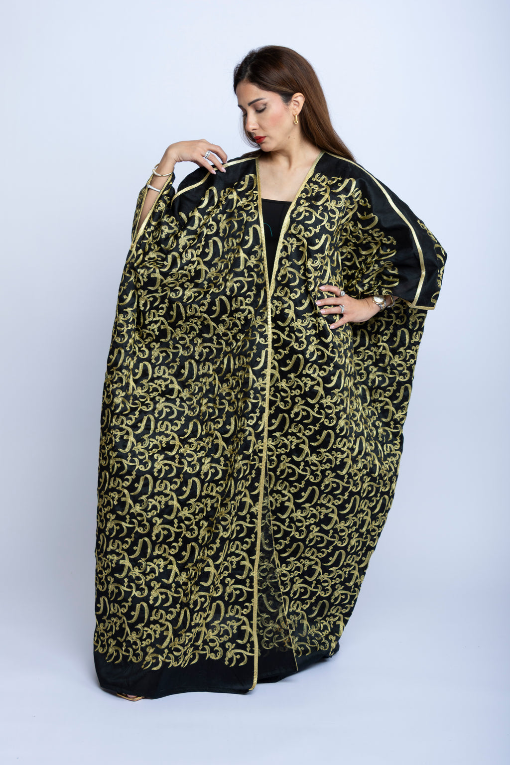 Black Cotton Bishit with Golden Arabic Letter Embroidery