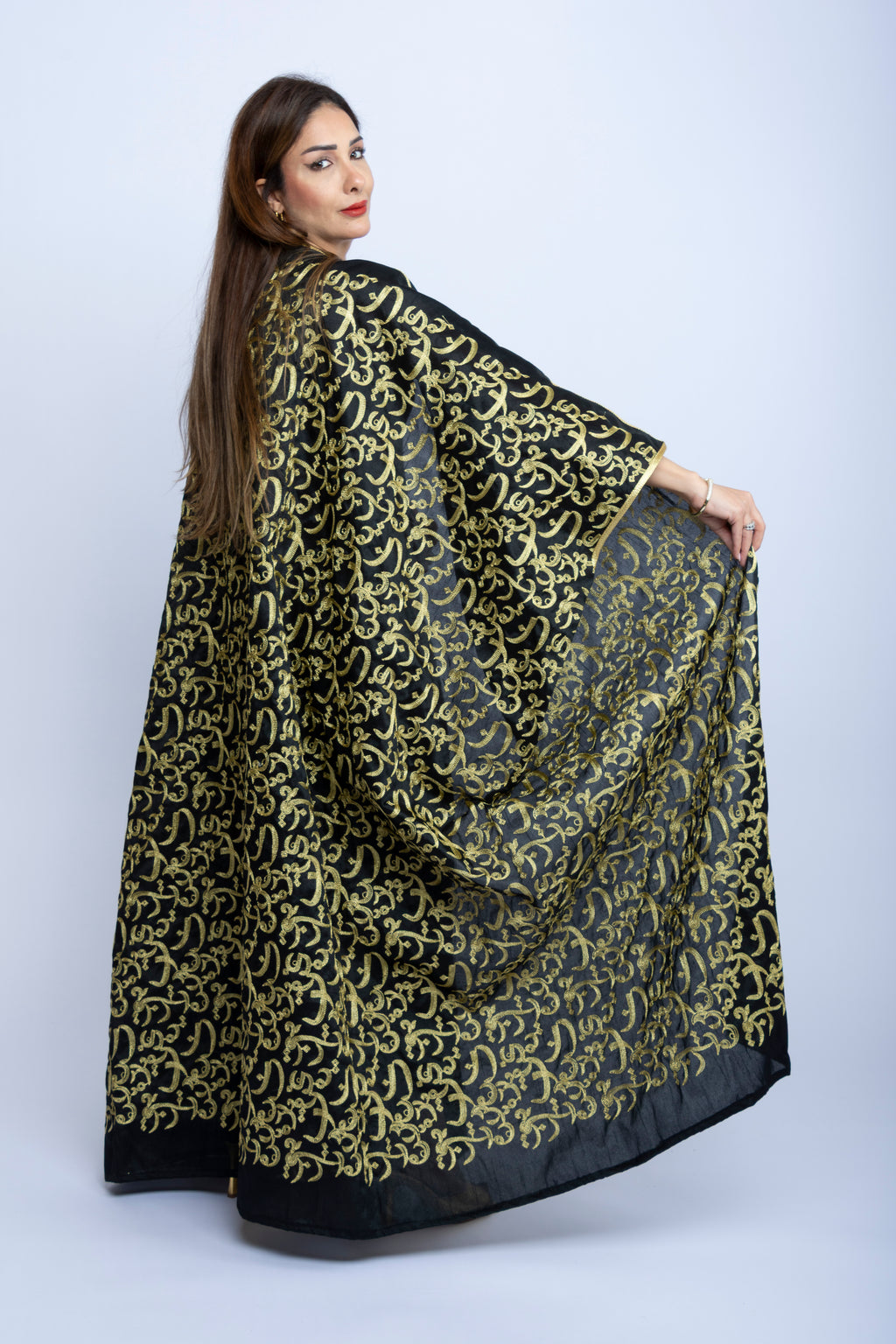 Black Cotton Bishit with Golden Arabic Letter Embroidery