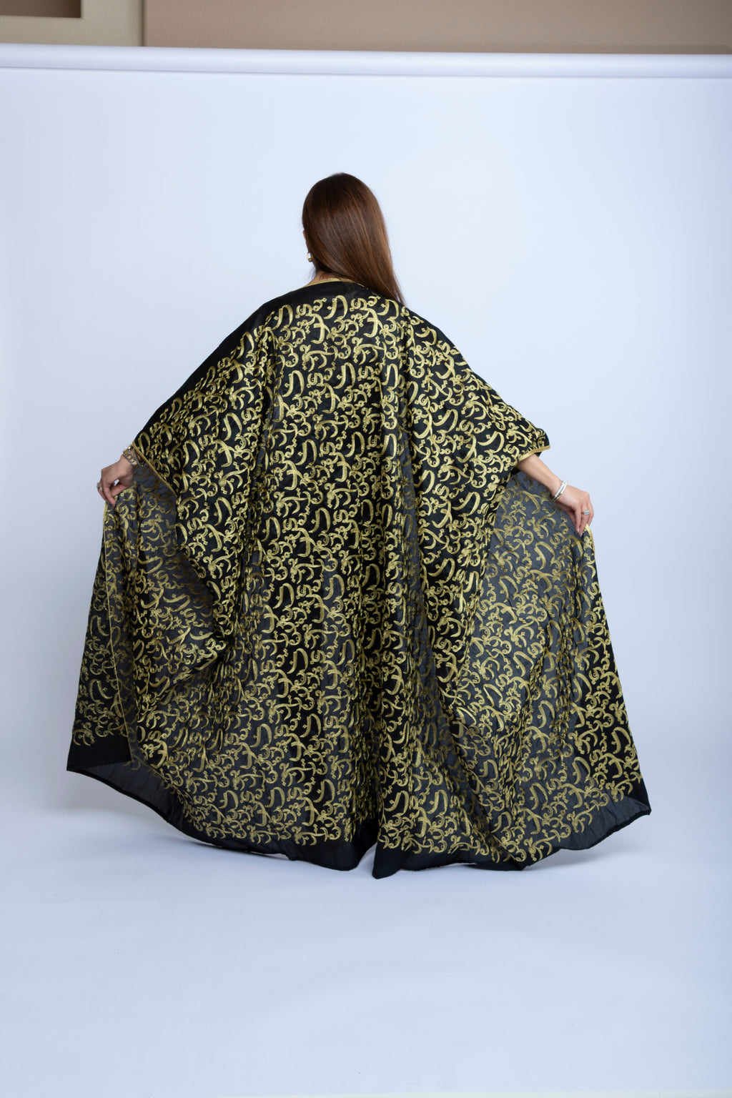 Black Cotton Bishit with Golden Arabic Letter Embroidery