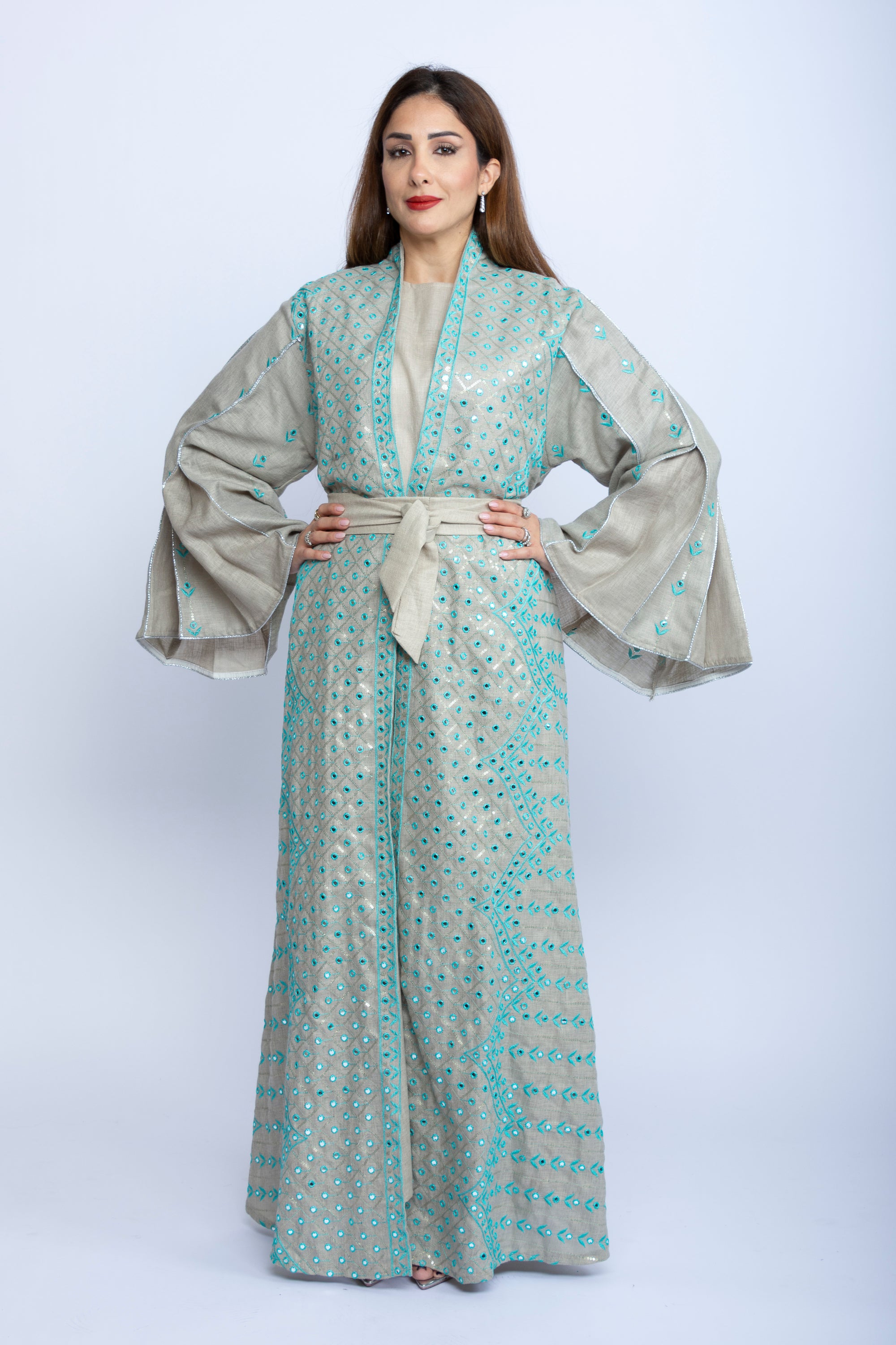 Light Gray Kaftan with Turquoise Embroidery and Belt