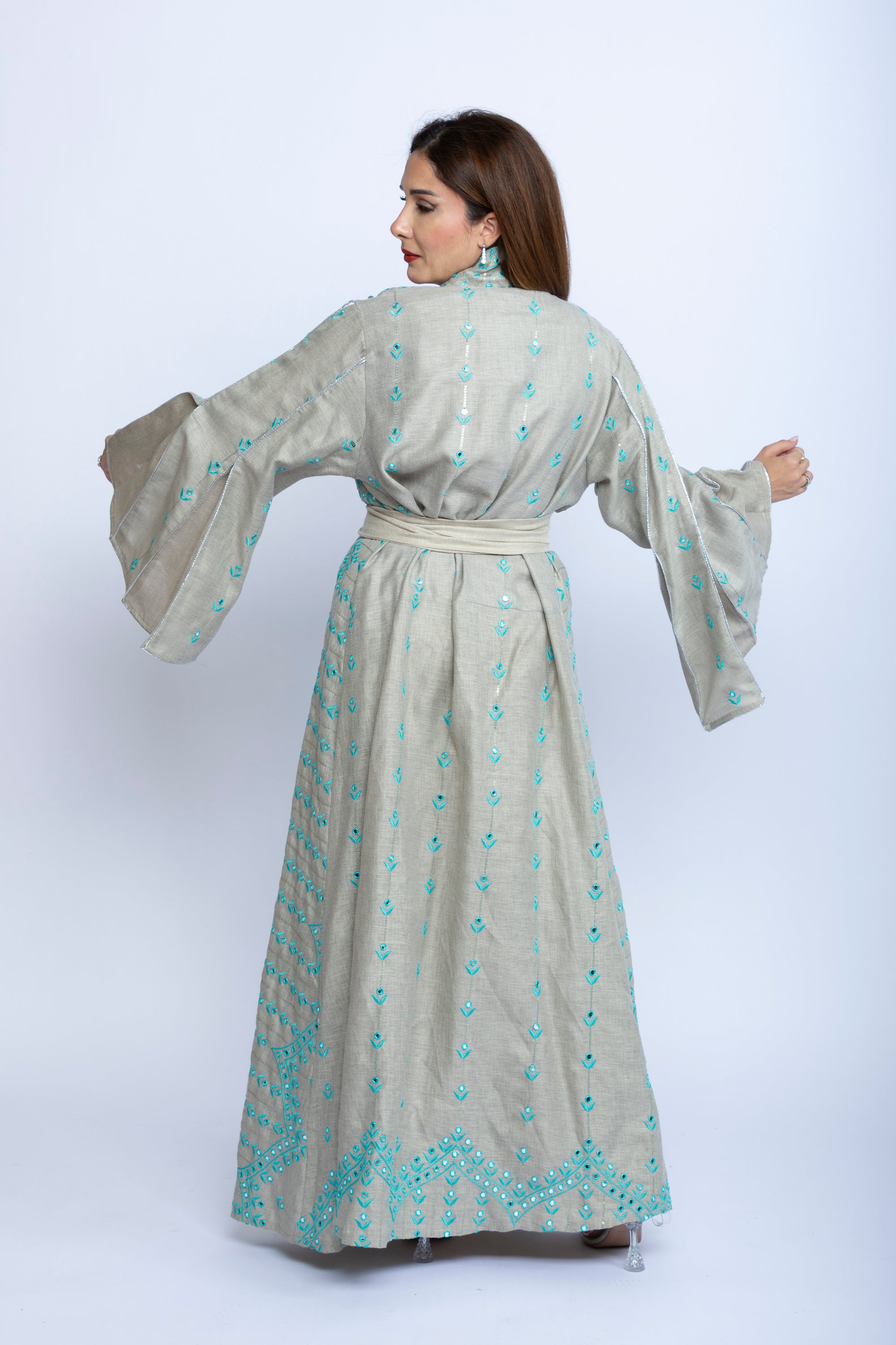 Light Gray Kaftan with Turquoise Embroidery and Belt