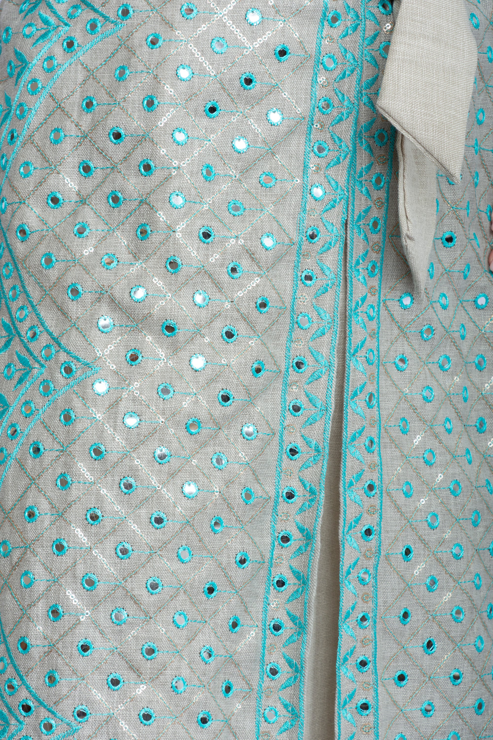 Light Gray Kaftan with Turquoise Embroidery and Belt