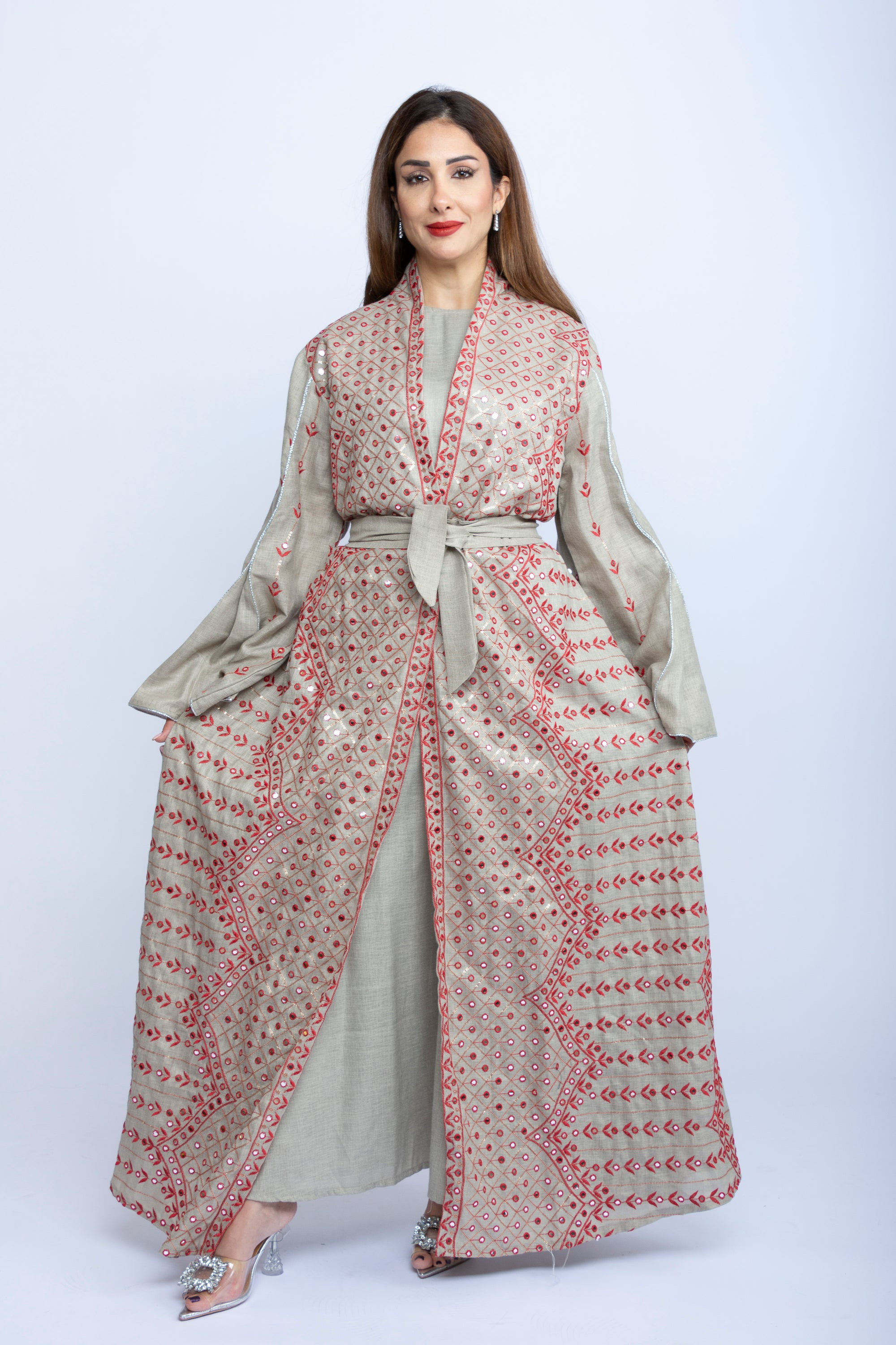 Light Purple Linen Kaftan with Red Embroidered Bishit and Belt