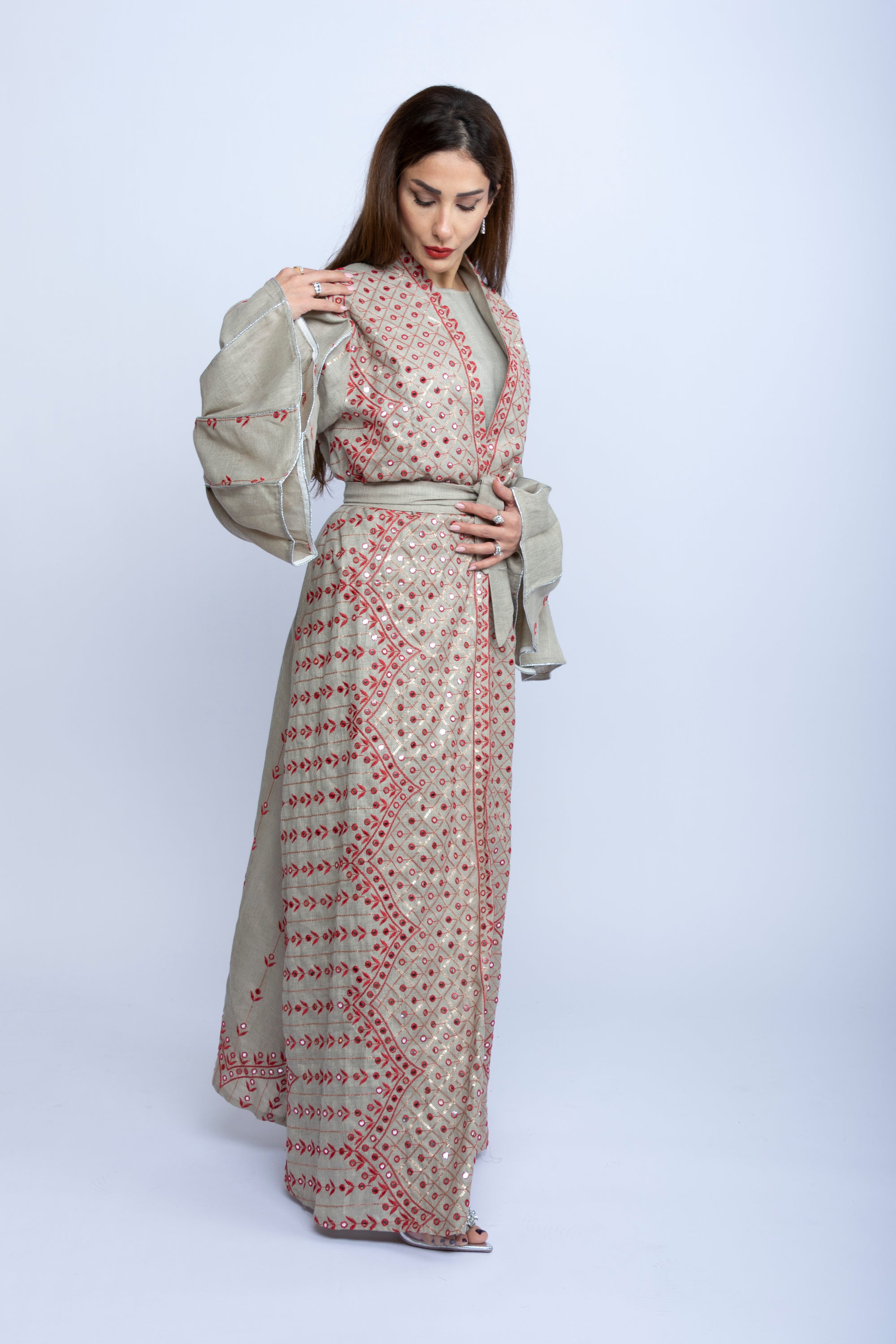 Light Purple Linen Kaftan with Red Embroidered Bishit and Belt