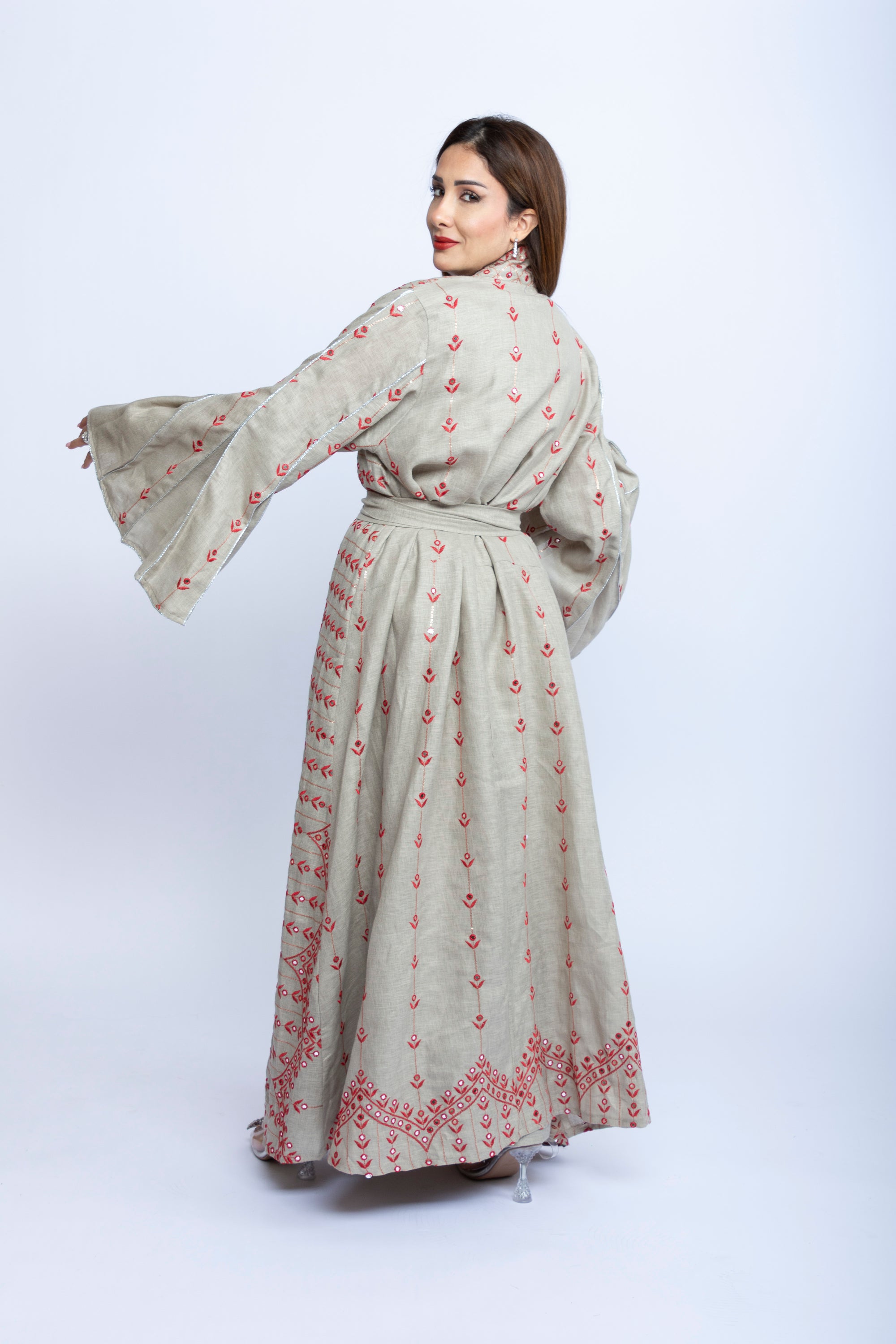 Light Purple Linen Kaftan with Red Embroidered Bishit and Belt