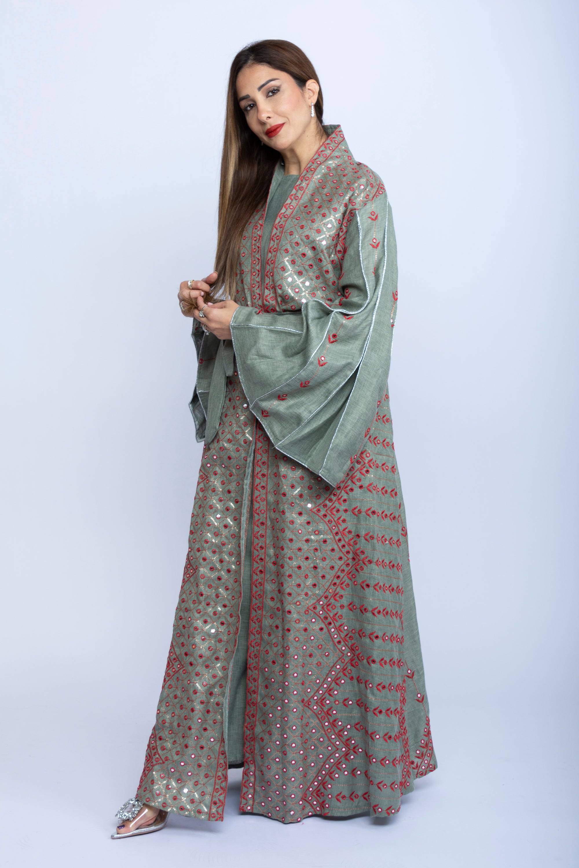 Mint Green Linen Kaftan with Red Embroidered Bishit and Belt