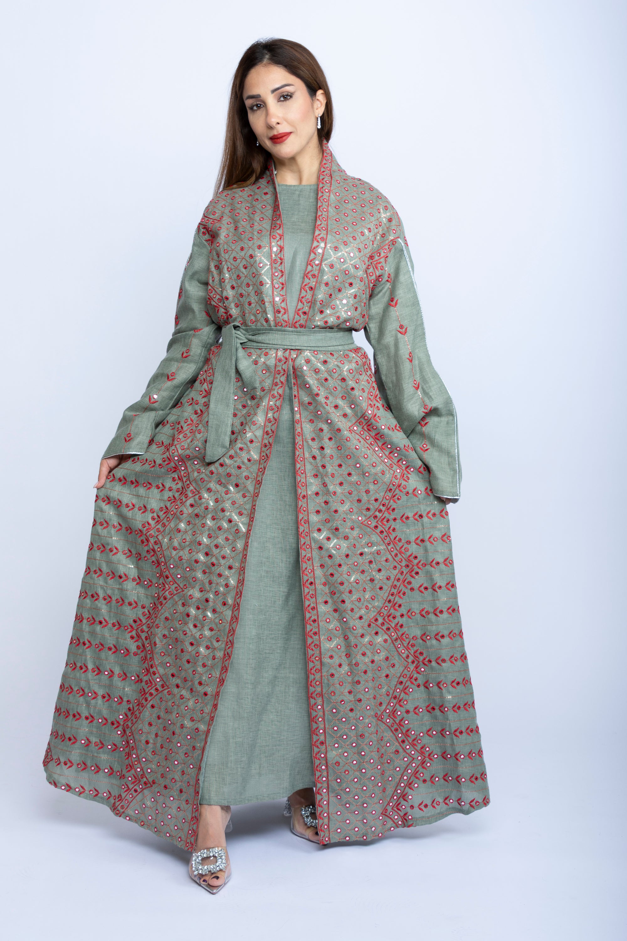 Mint Green Linen Kaftan with Red Embroidered Bishit and Belt