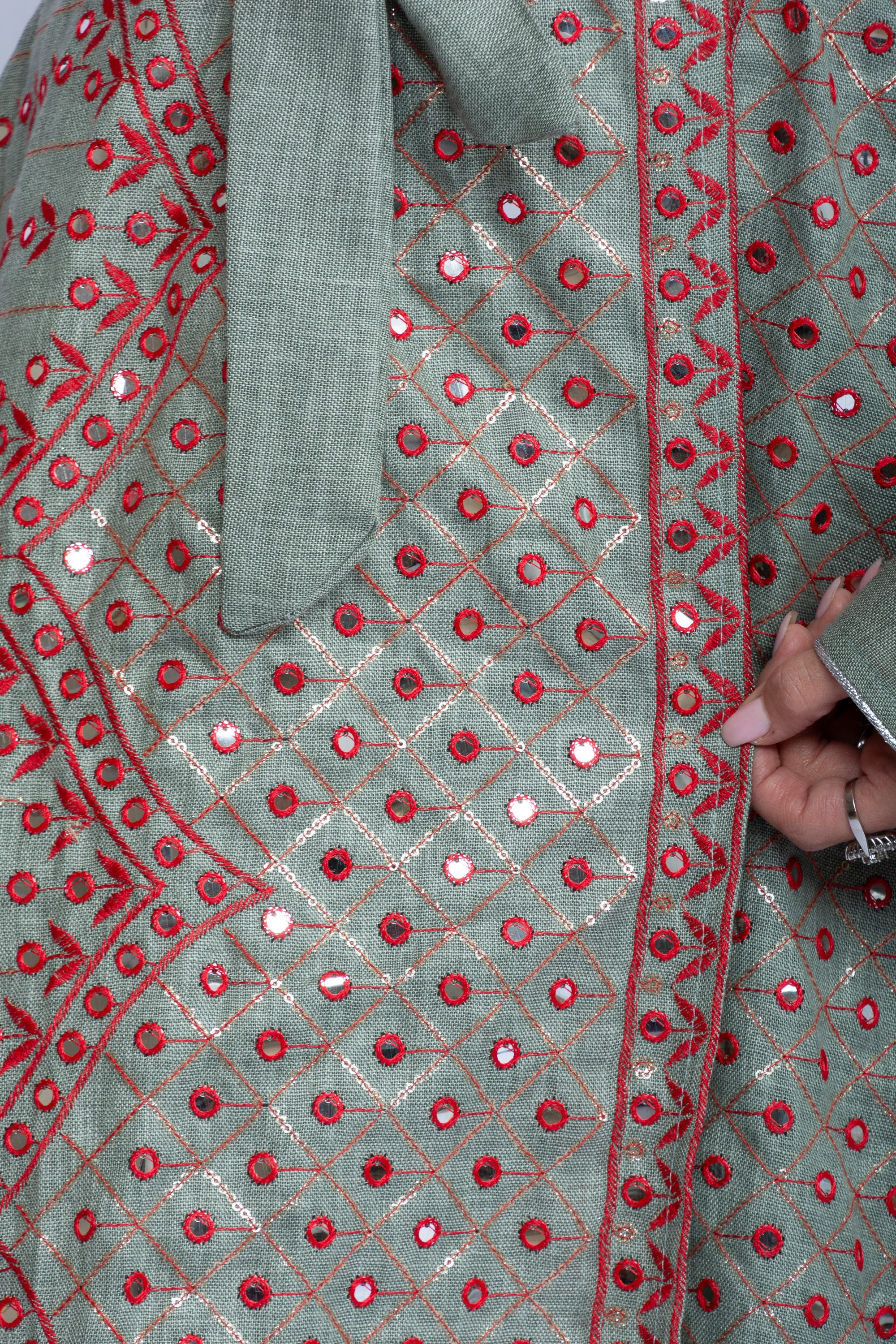 Mint Green Linen Kaftan with Red Embroidered Bishit and Belt