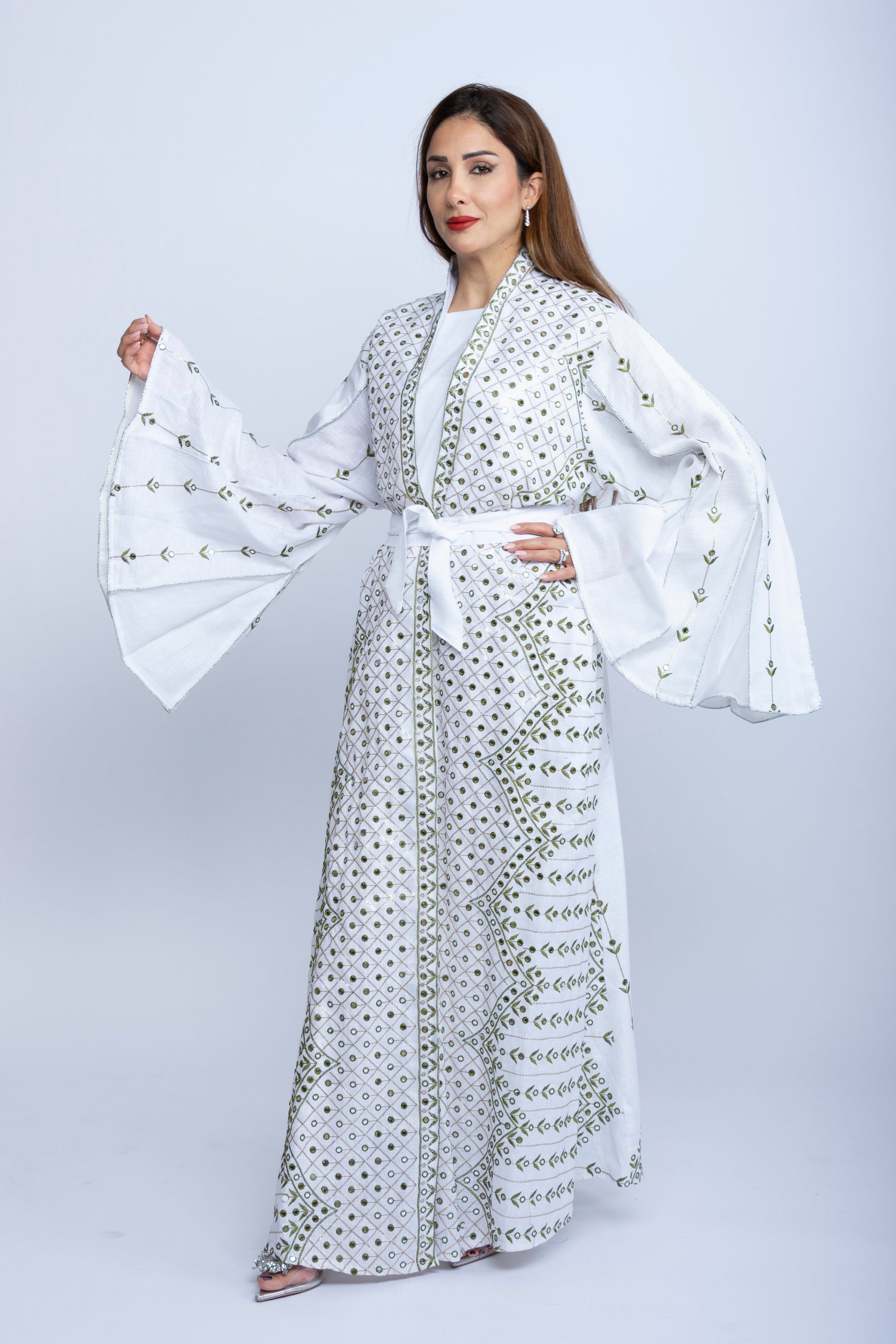 White Linen Kaftan with Green Embroidered Bishit and Belt