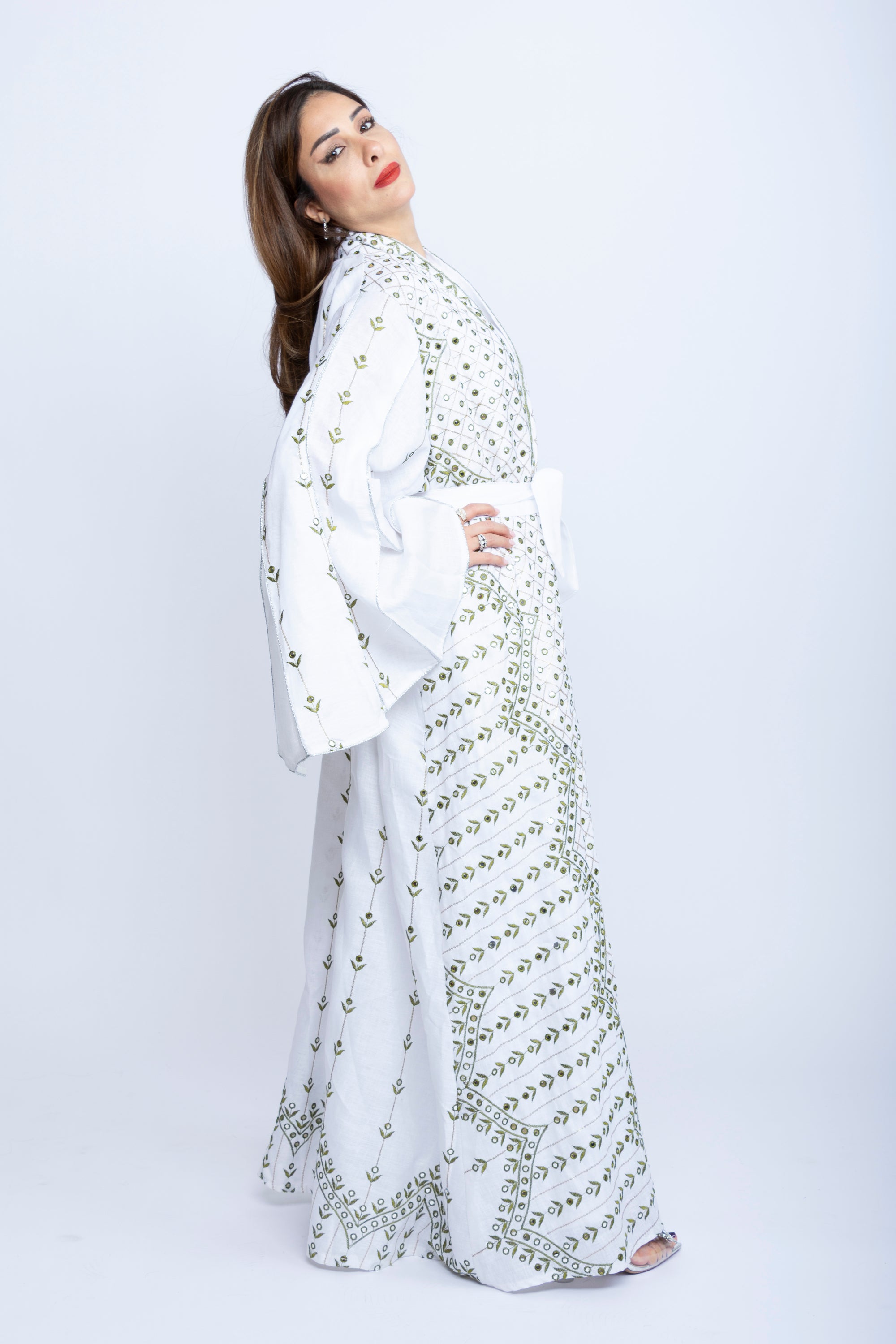 White Linen Kaftan with Green Embroidered Bishit and Belt