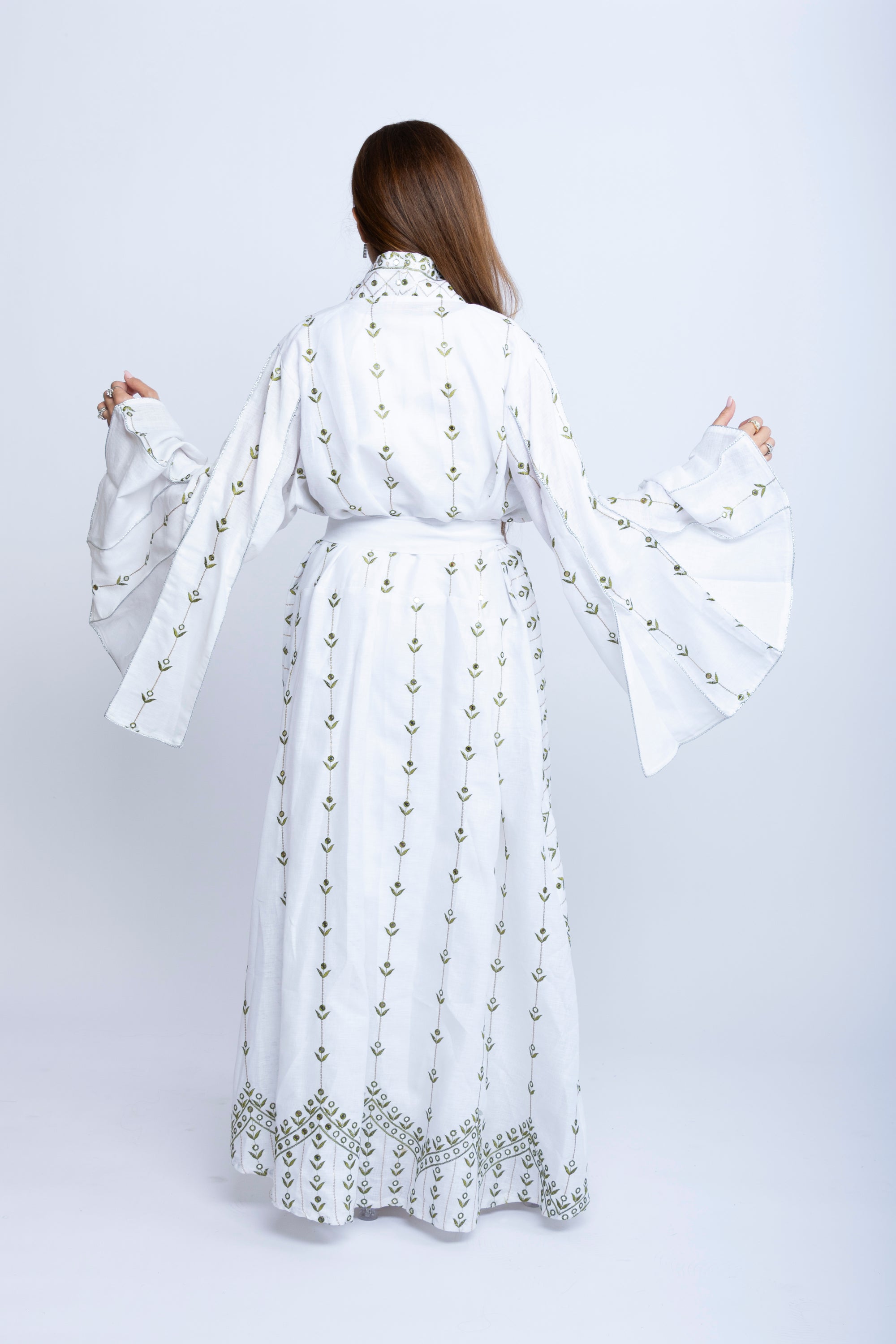 White Linen Kaftan with Green Embroidered Bishit and Belt
