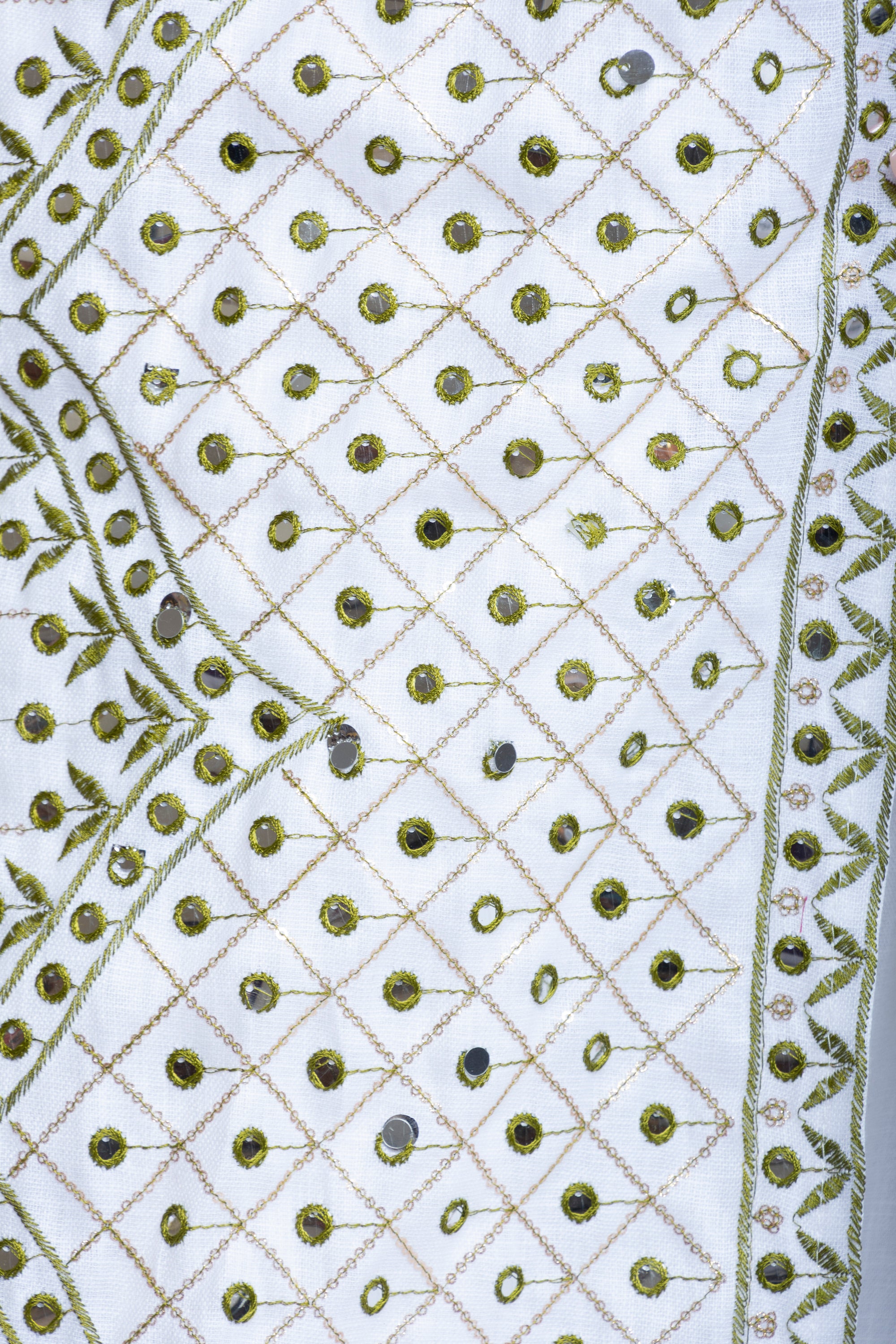 White Linen Kaftan with Green Embroidered Bishit and Belt