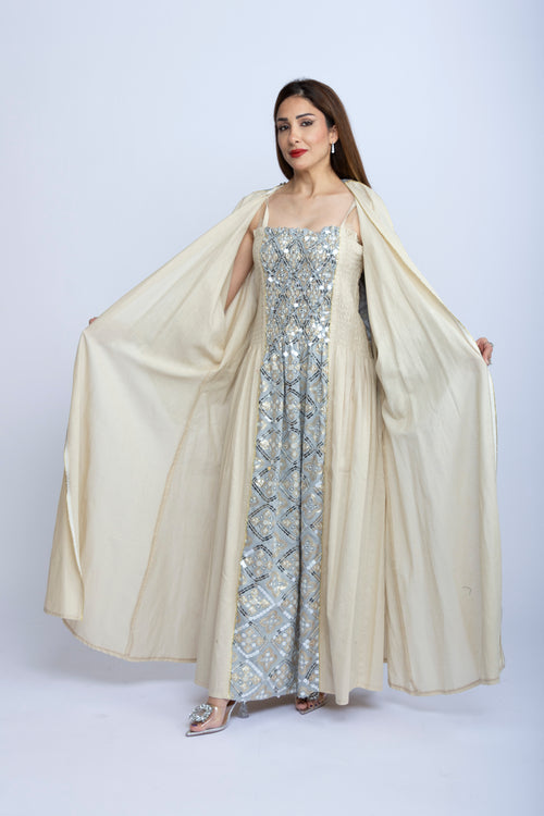 Beige Kuwaiti Two-Piece Set with Sequin Embroidery