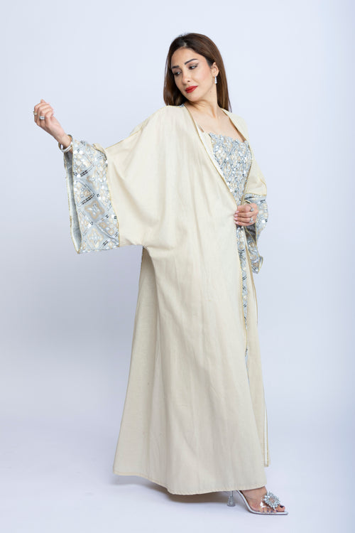 Beige Kuwaiti Two-Piece Set with Sequin Embroidery