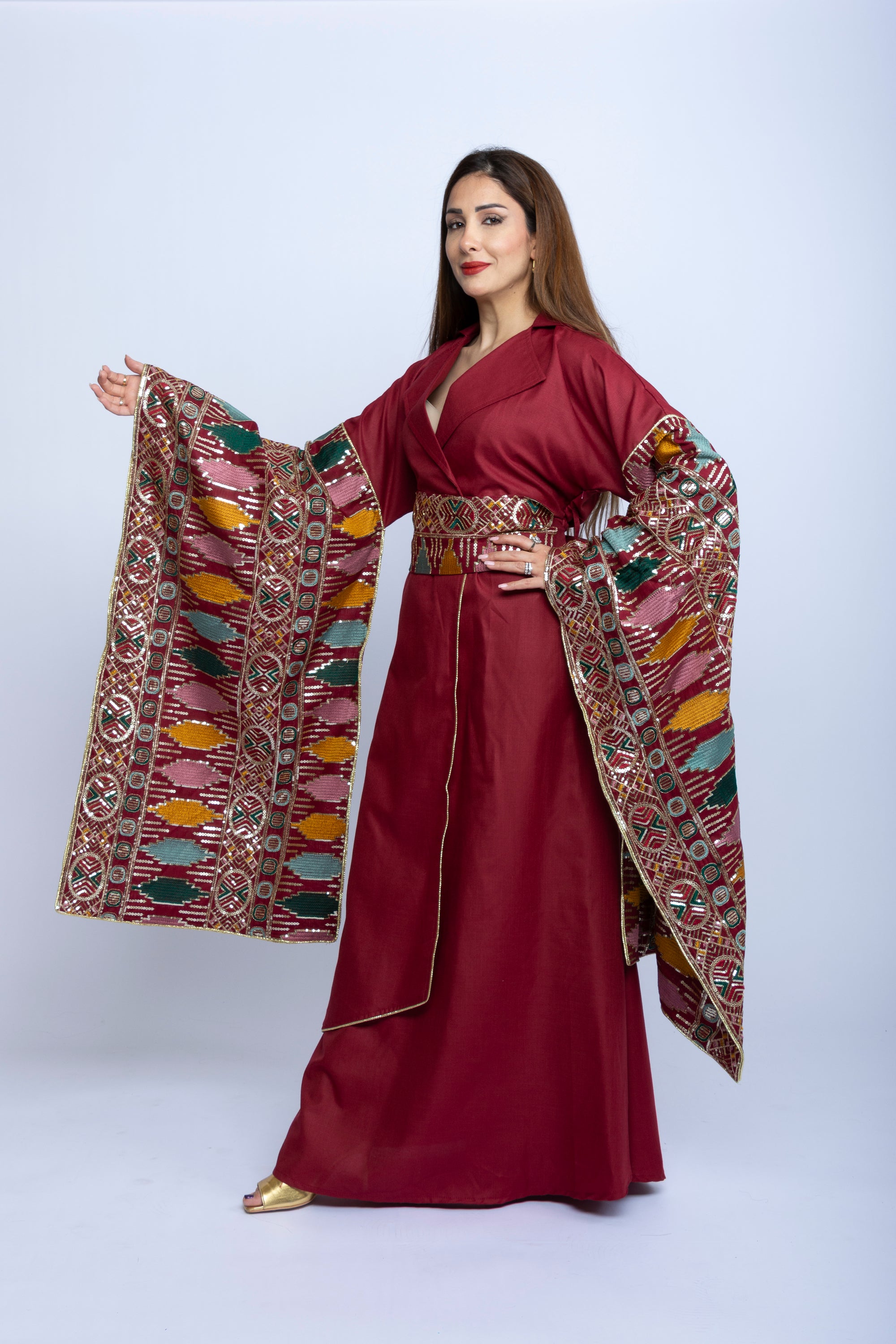 Maroon Kuwaiti Cotton Dress with Japanese-Style Embroidery