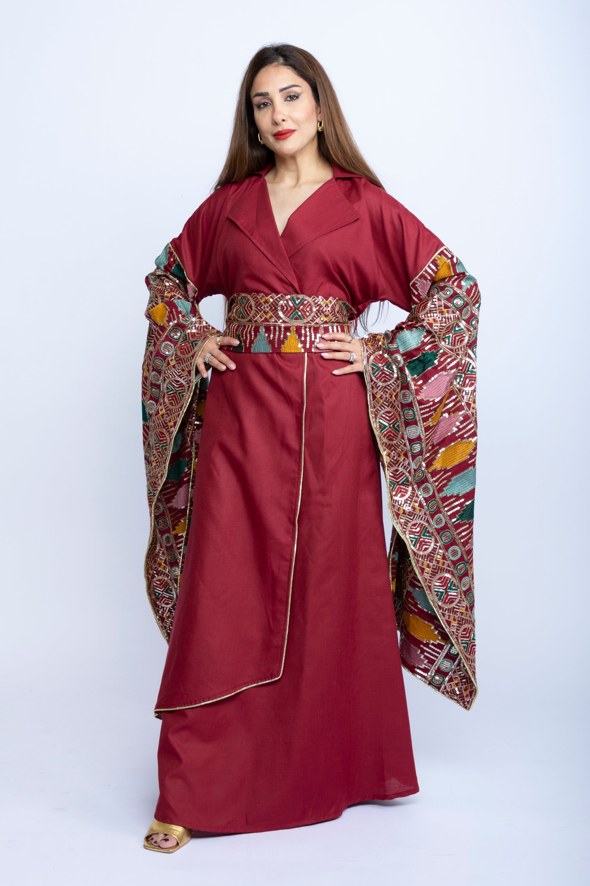 Maroon Kuwaiti Cotton Dress with Japanese-Style Embroidery