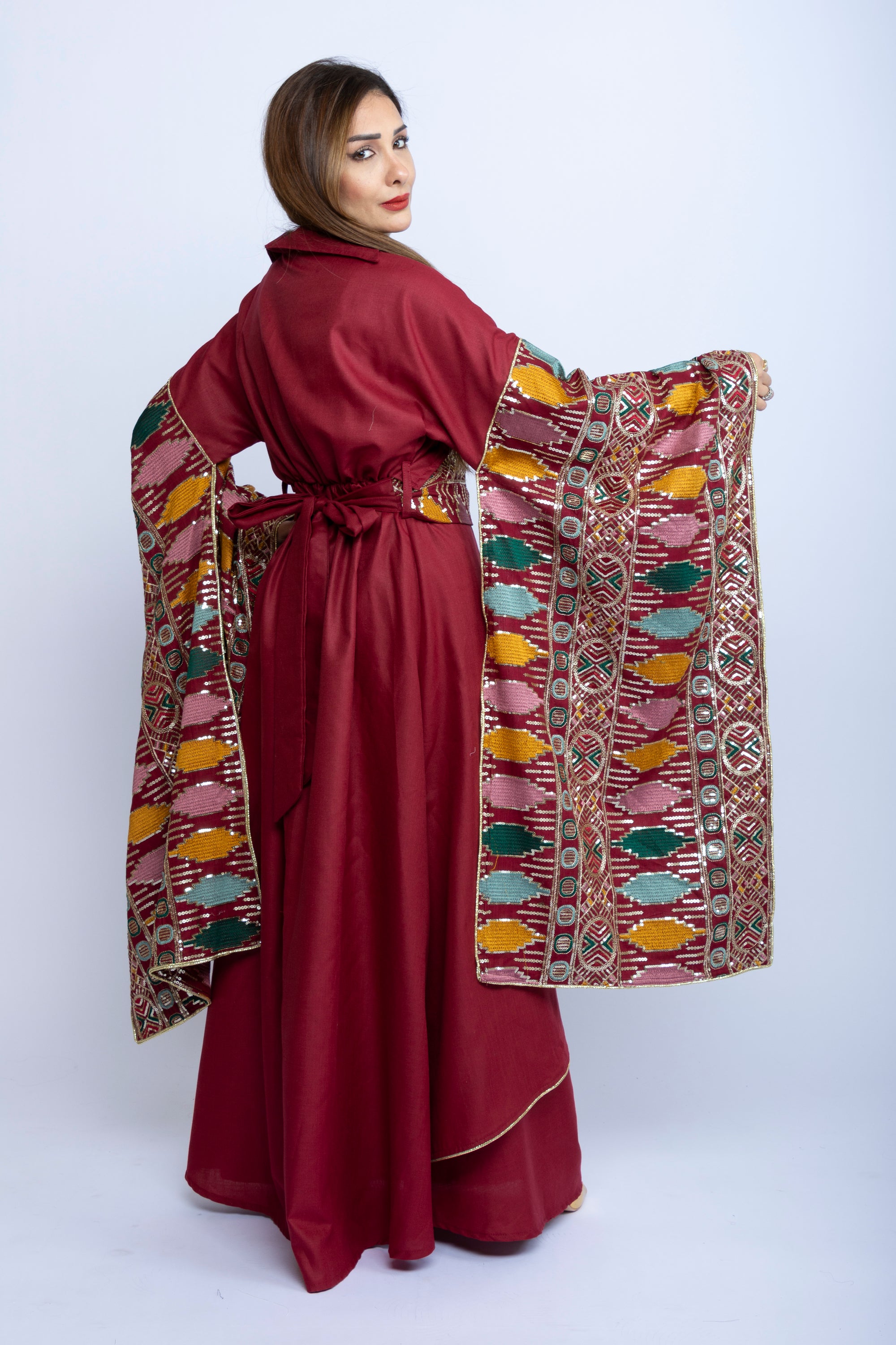 Maroon Kuwaiti Cotton Dress with Japanese-Style Embroidery