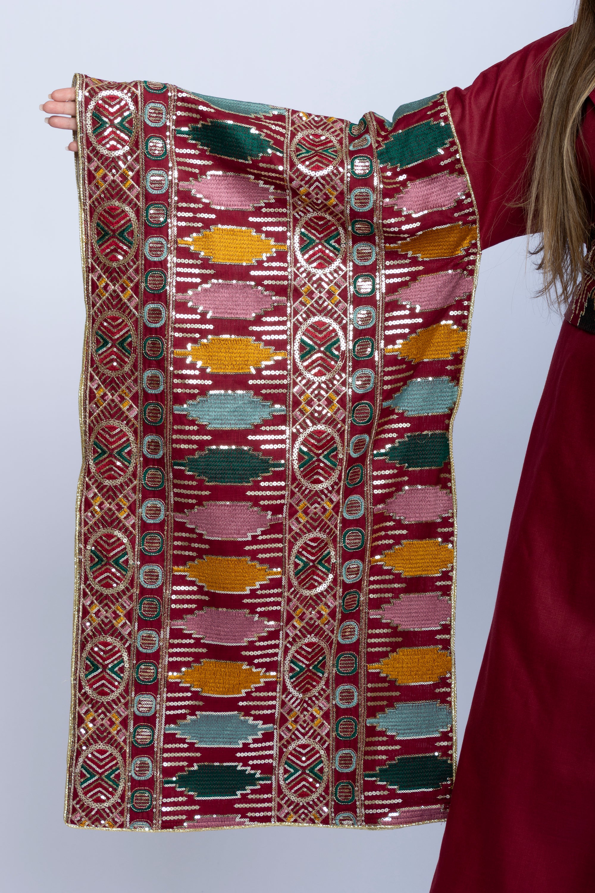 Maroon Kuwaiti Cotton Dress with Japanese-Style Embroidery