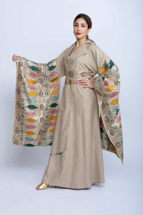 Beige Kuwaiti Cotton Dress with Japanese-Style Embroidery