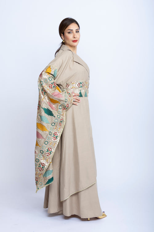 Beige Kuwaiti Cotton Dress with Japanese-Style Embroidery