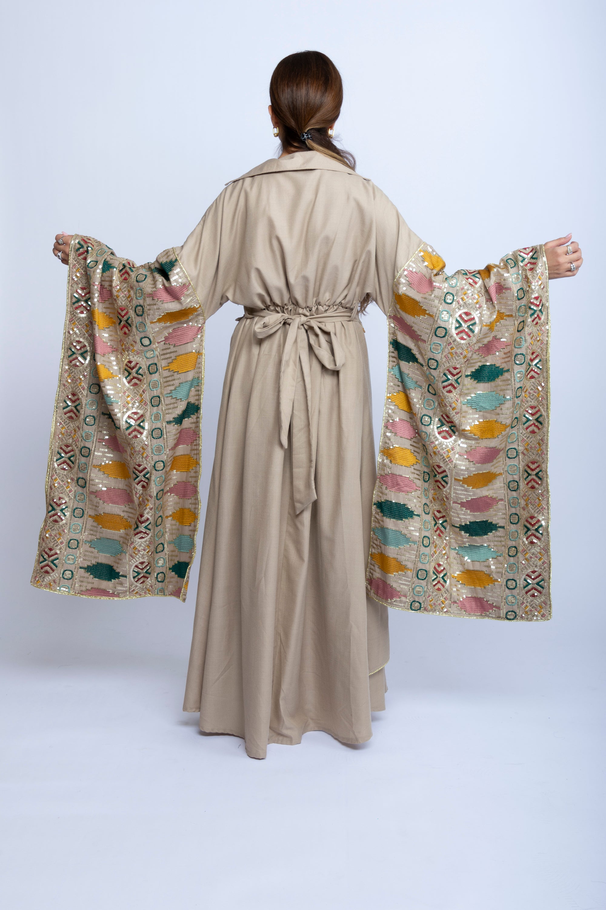 Beige Kuwaiti Cotton Dress with Japanese-Style Embroidery