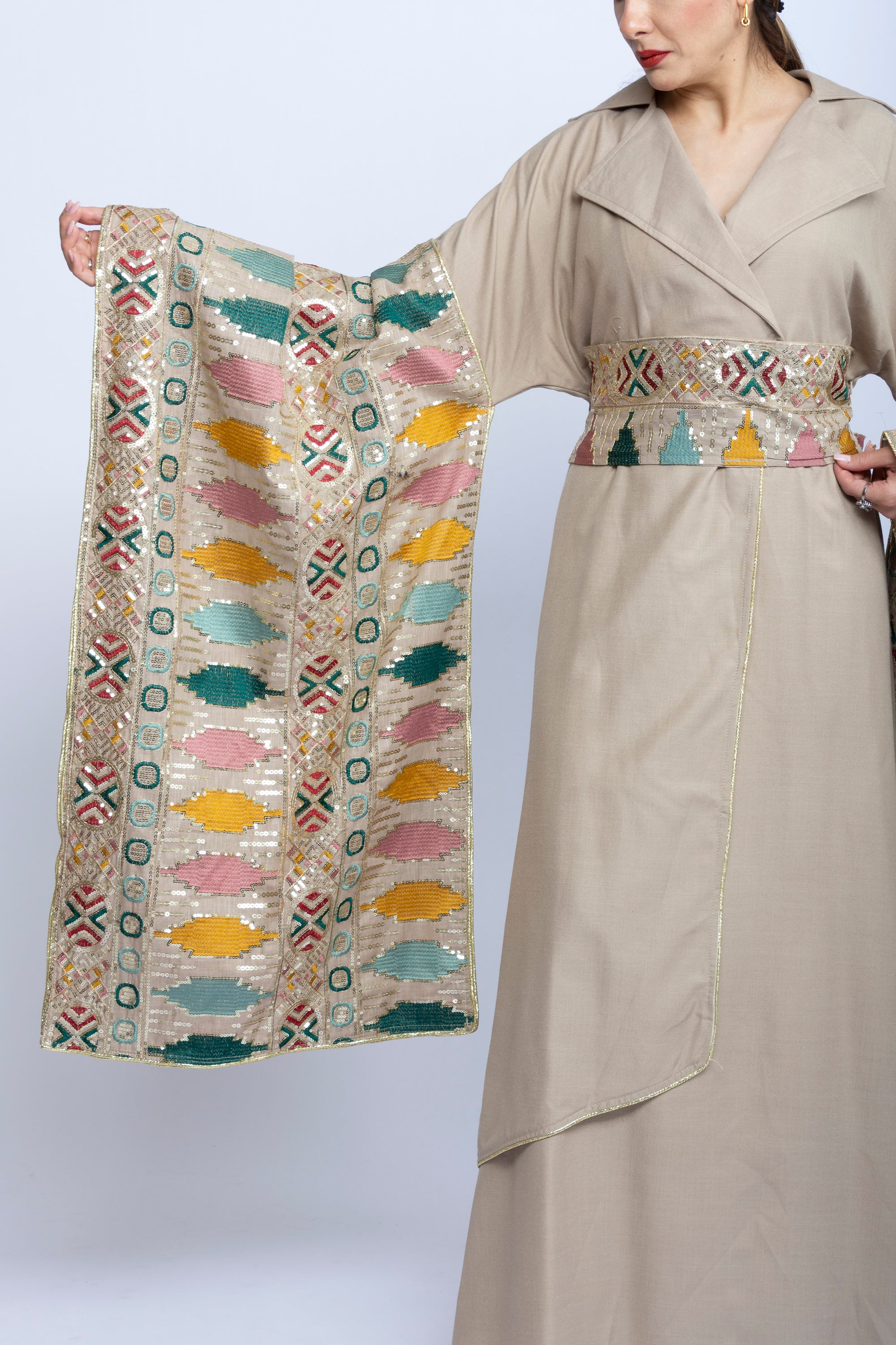 Beige Kuwaiti Cotton Dress with Japanese-Style Embroidery
