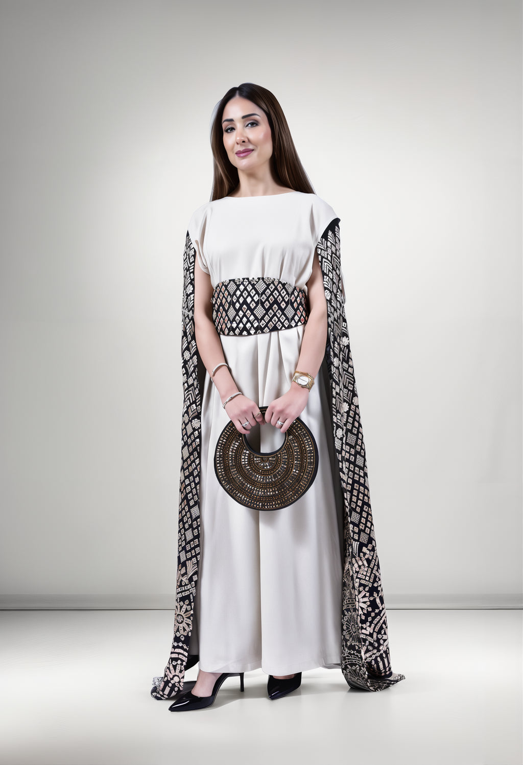Golden Dusk Kuwaiti Dress with Embroidered Cape