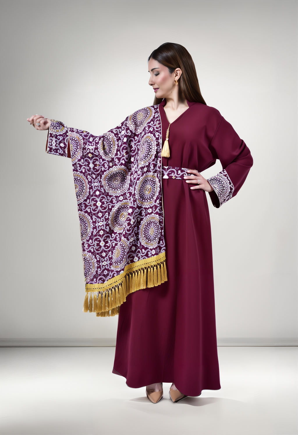 Maroon Majesty Kuwaiti Dress with Embroidered Shawl