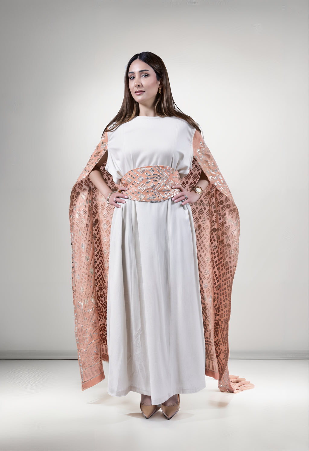 Desert Glow Kuwaiti Dress with Embroidered Cape