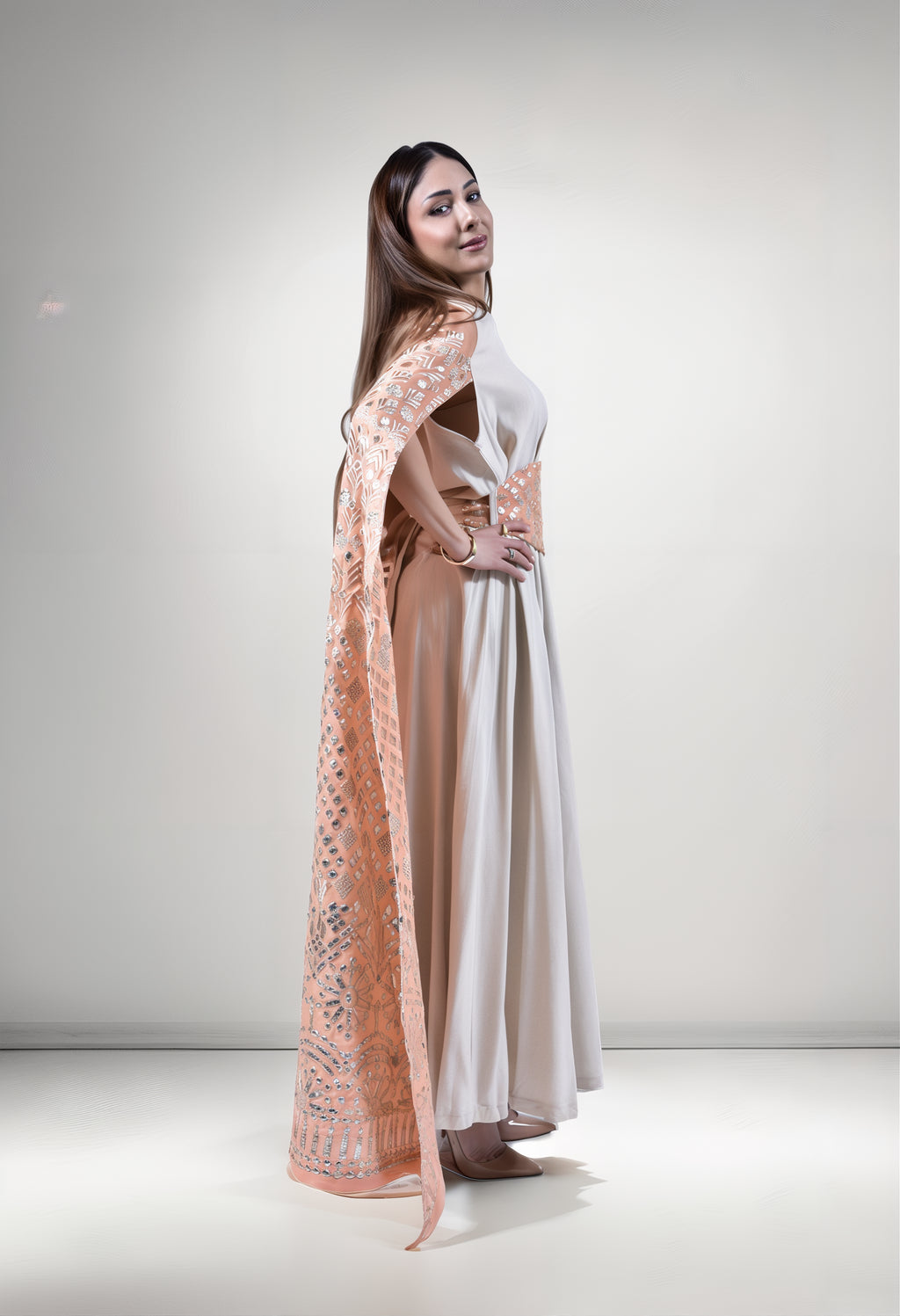 Desert Glow Kuwaiti Dress with Embroidered Cape
