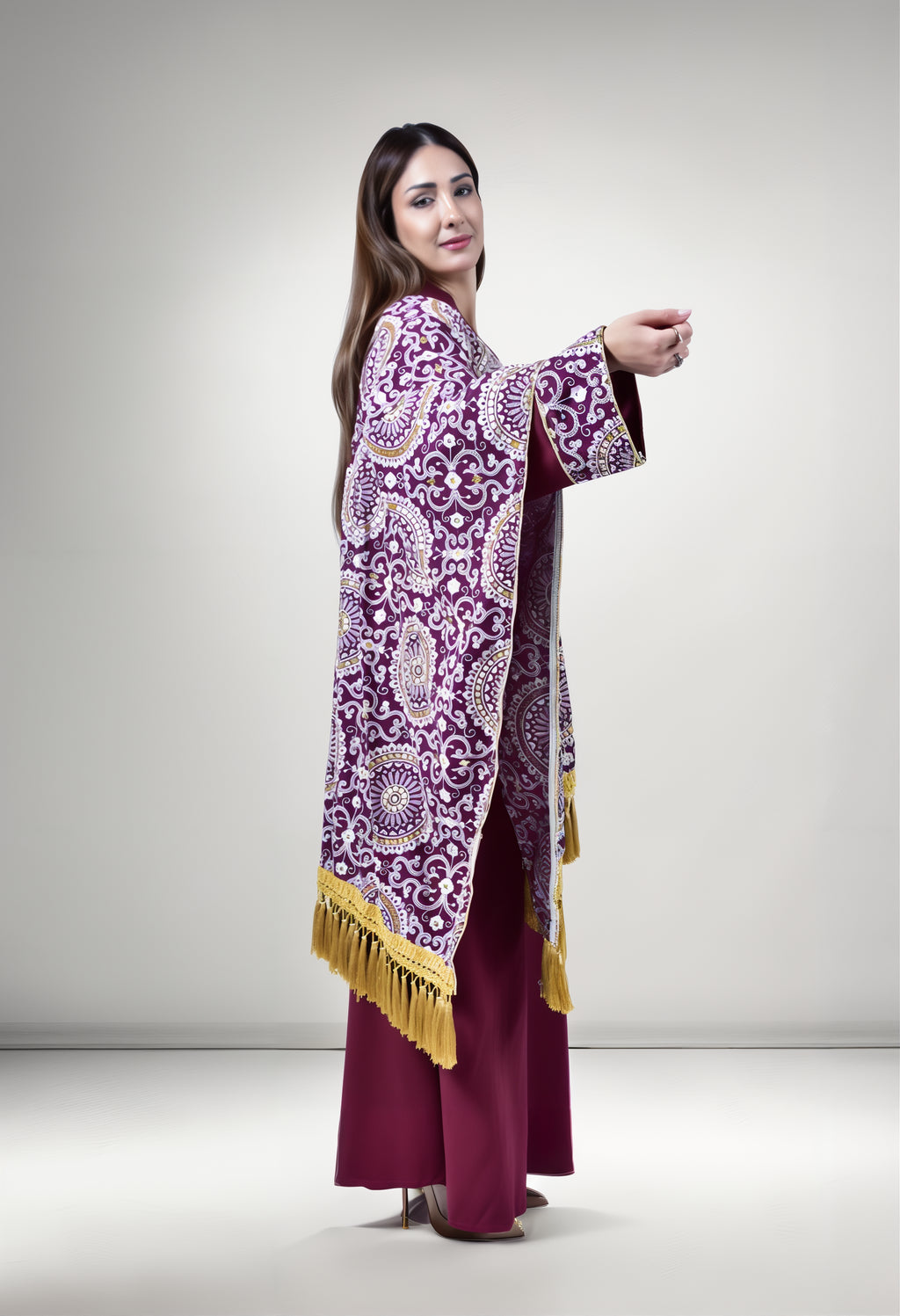 Maroon Majesty Kuwaiti Dress with Embroidered Shawl