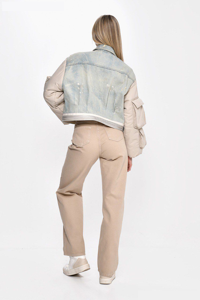 Two-Tone Denim Jacket & Distressed Beige Pants Set