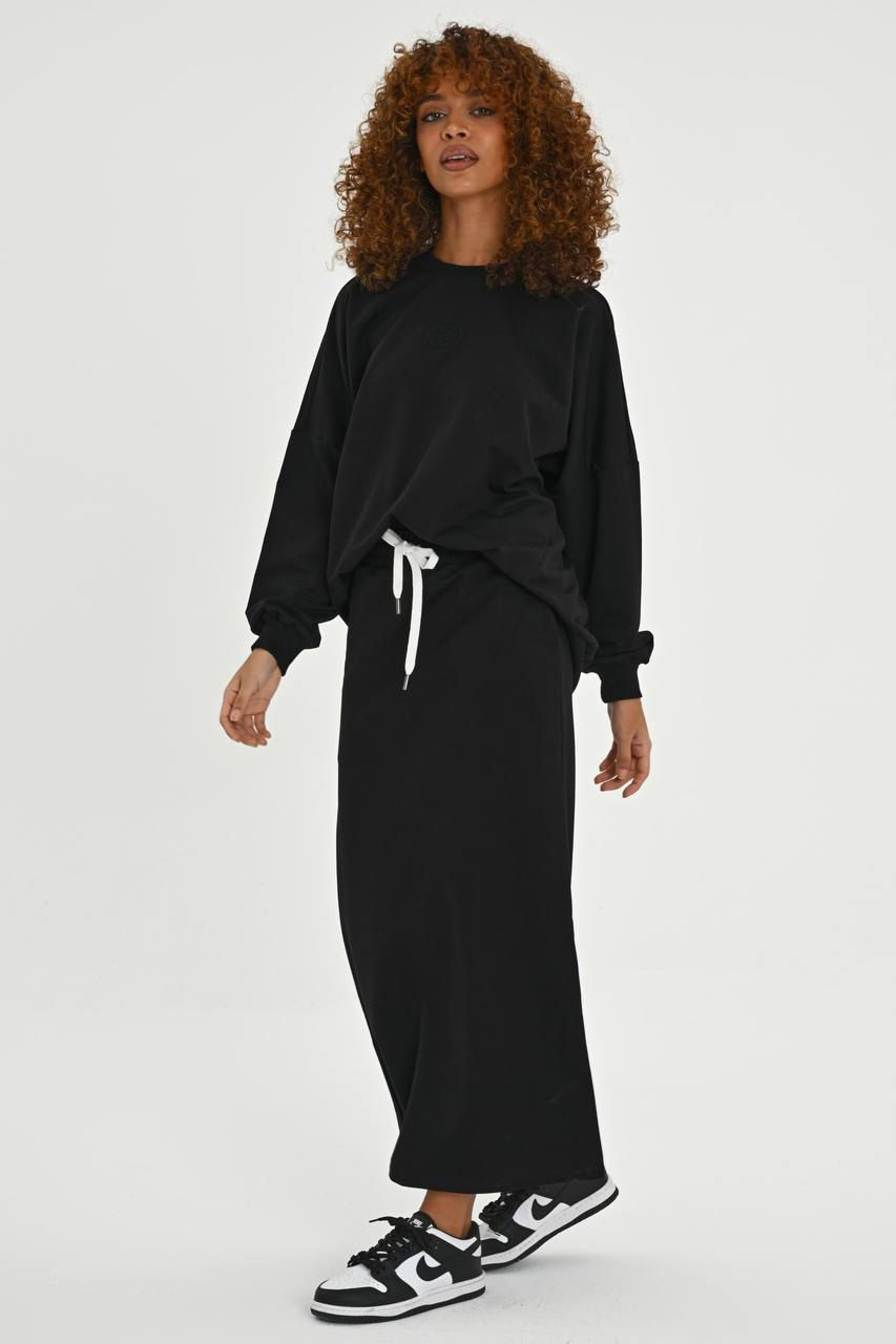 Oversized Black Sweatshirt & Maxi Skirt Set
