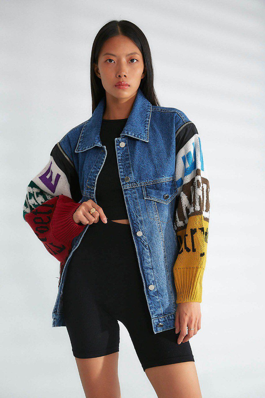 Oversized Denim Jacket with Color Block Knit Sleeves