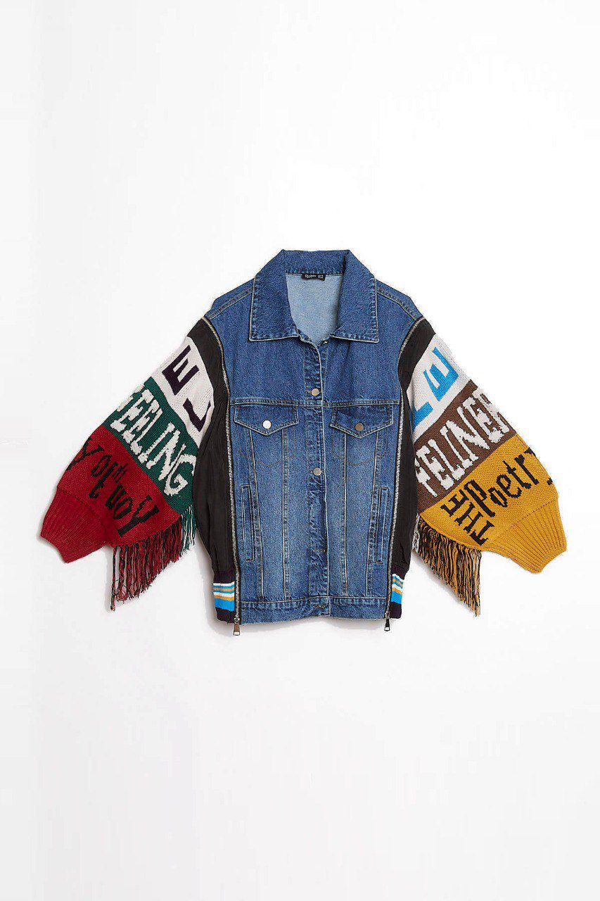 Oversized Denim Jacket with Color Block Knit Sleeves