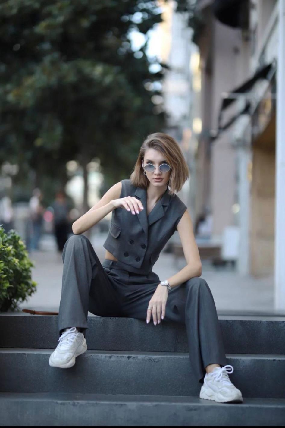 Grey Tailored Vest & High-Waist Trouser Set