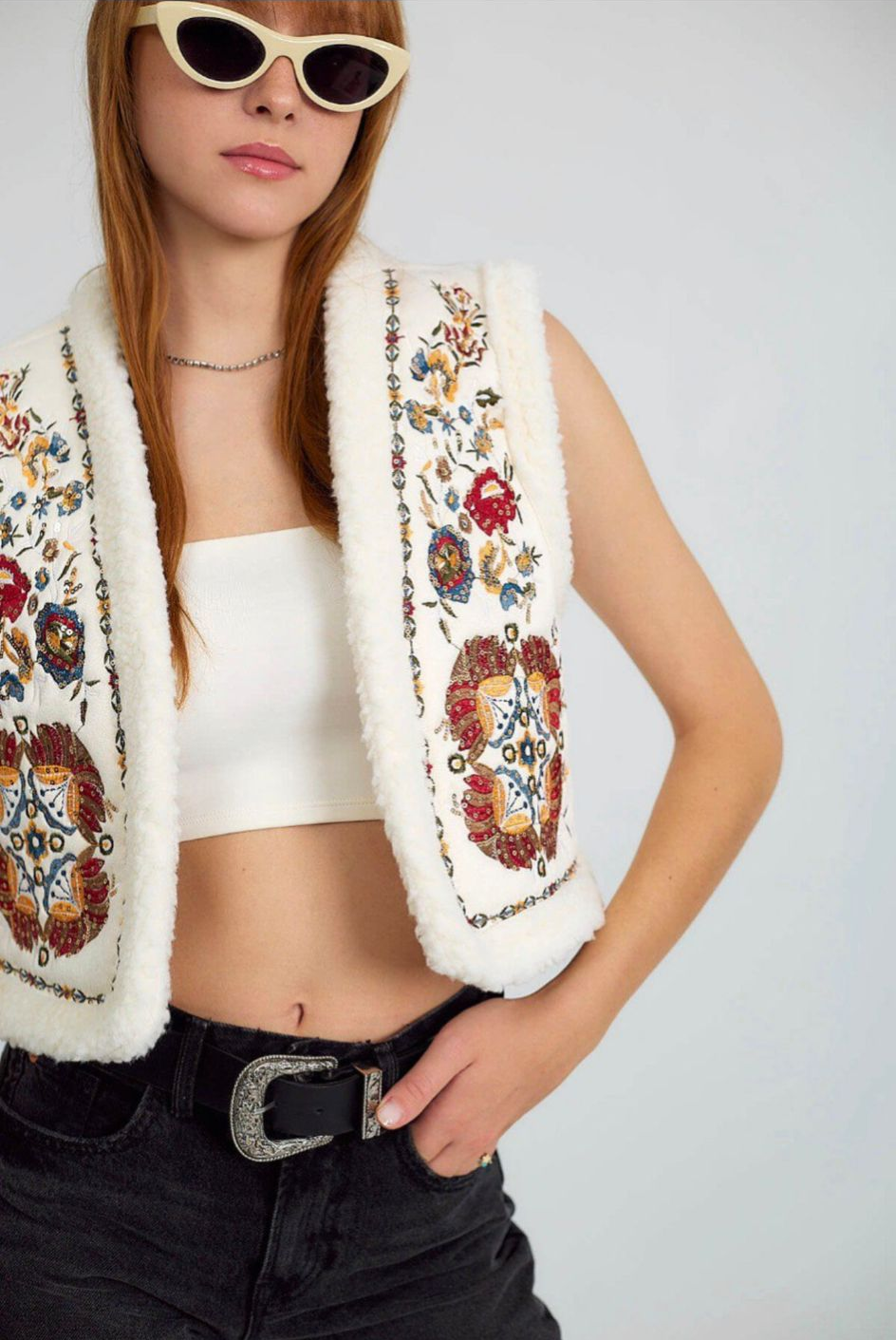 White Embroidered Shearling Vest