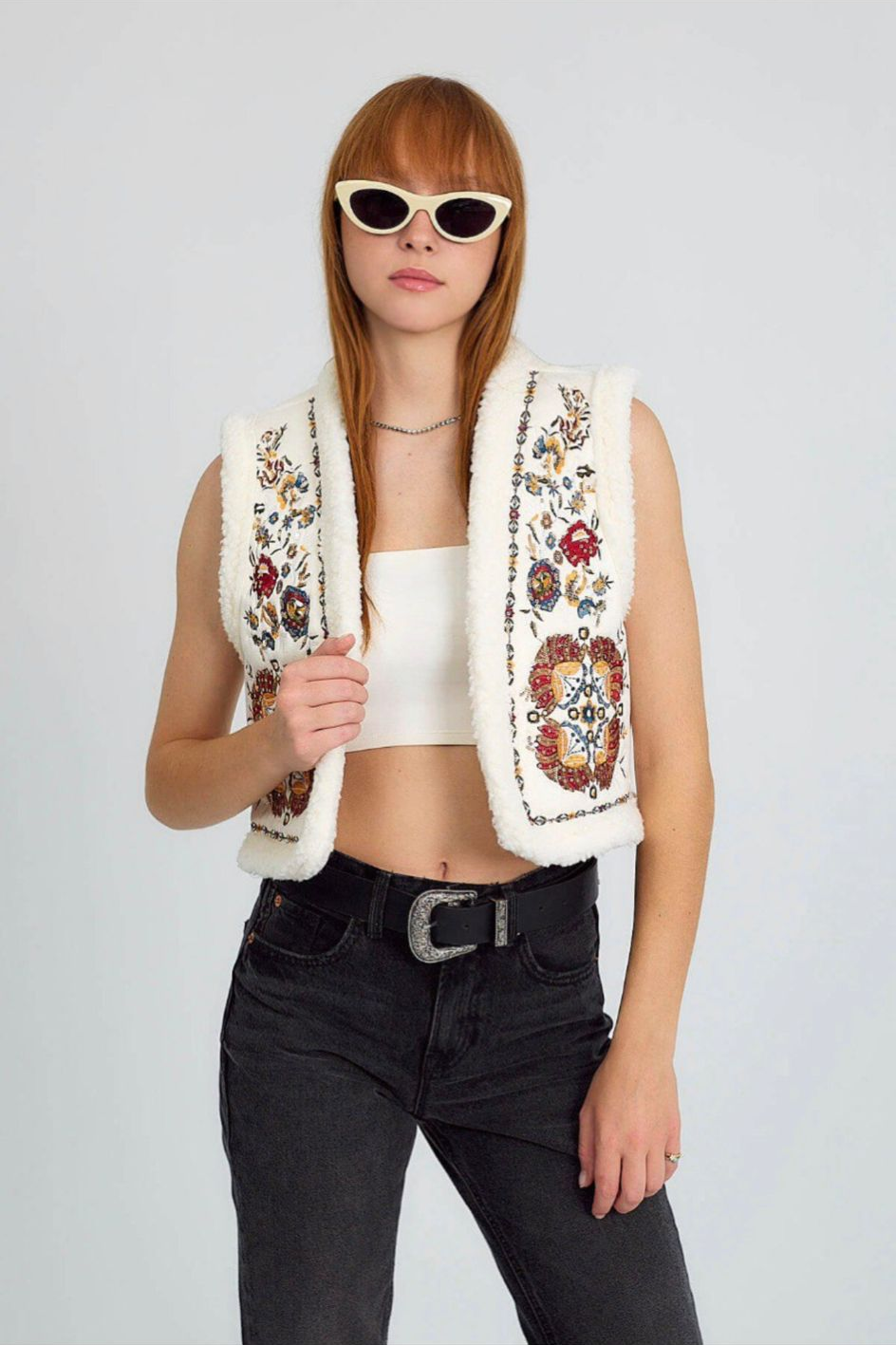 White Embroidered Shearling Vest
