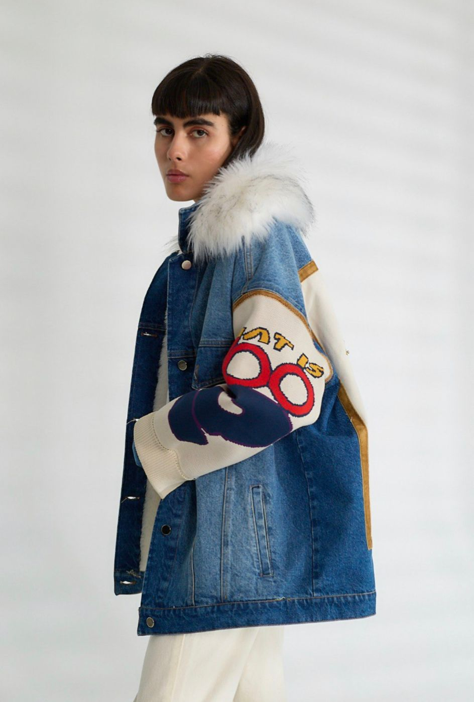 Denim Jacket with Cartoon Patchwork & Faux Fur Collar