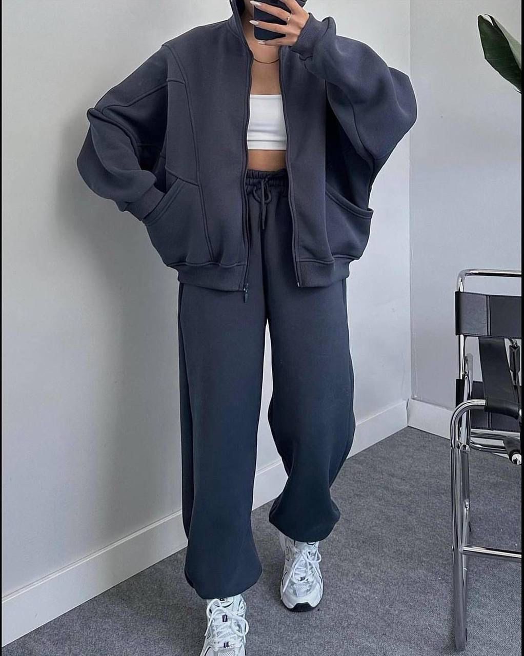 Oversized Charcoal Zip-Up Hoodie & Jogger Set