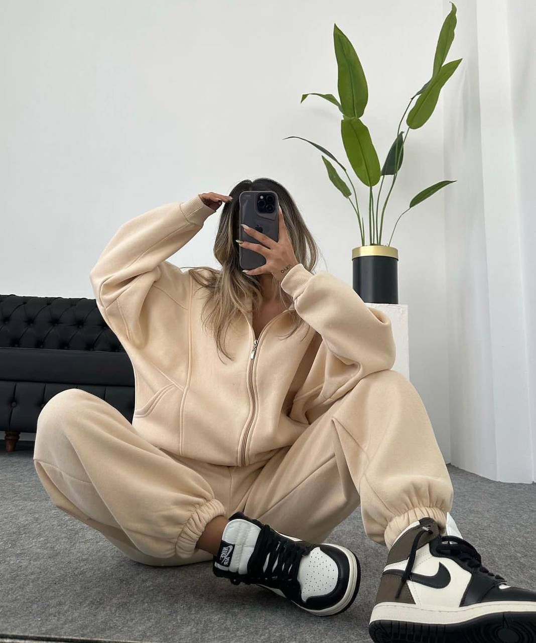 Oversized Beige Zip-Up Hoodie & Jogger Set